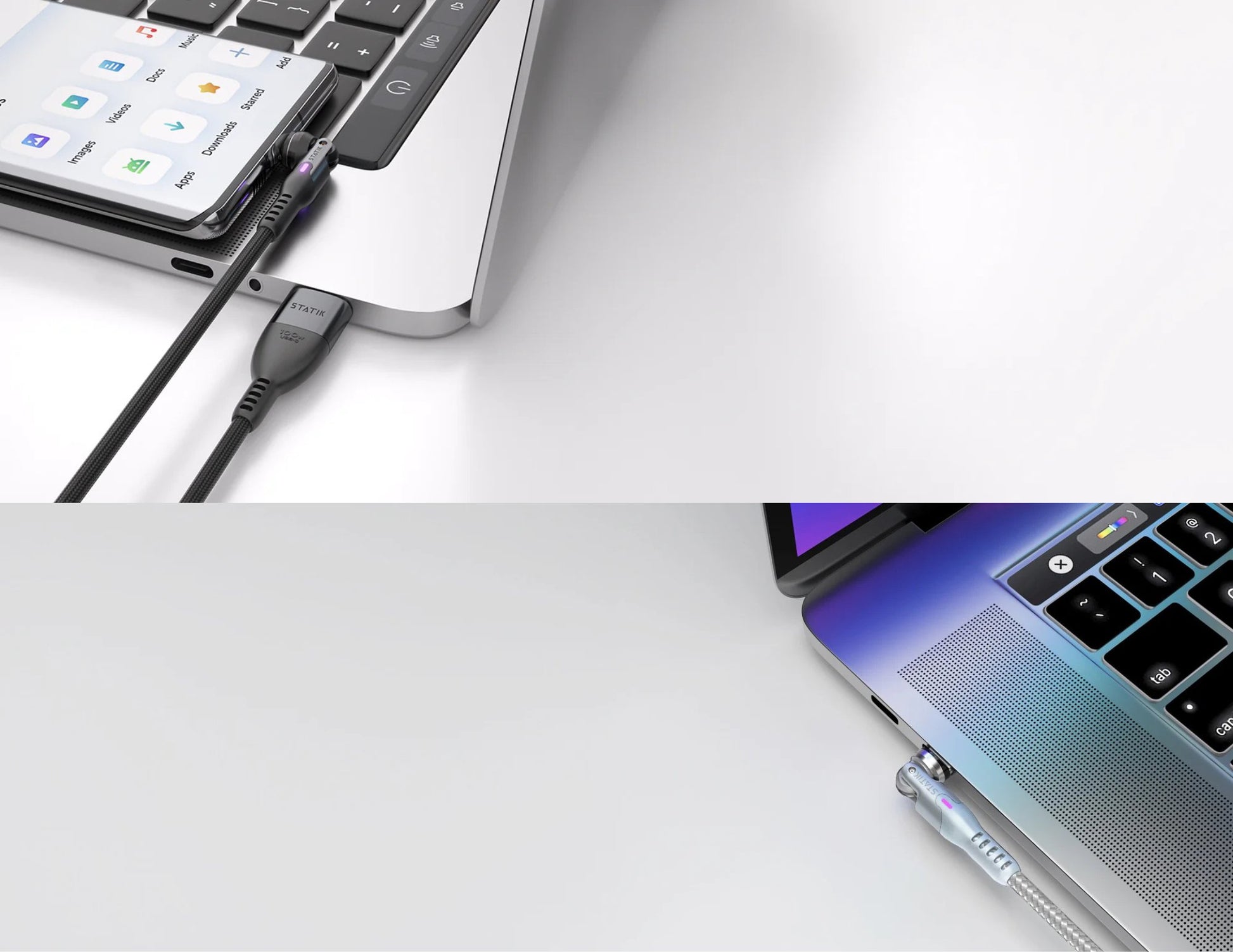 Collage of a smartphone with a keyboard attachment and a laptop on a white surface.