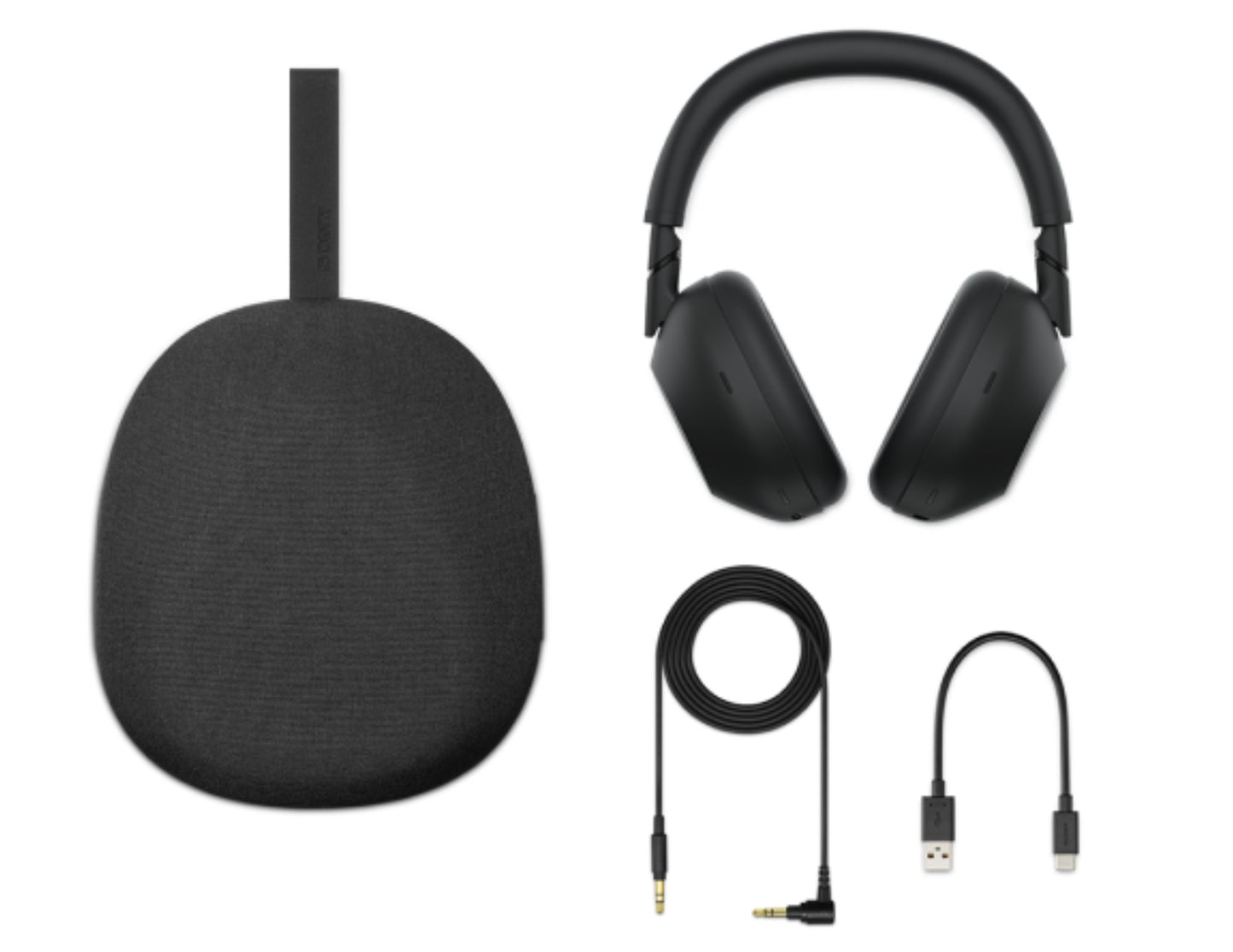 Sony WH-1000XM6 Wireless Noise Canceling Headphones – Black with carrying case, cable, and USB adapter on a white background