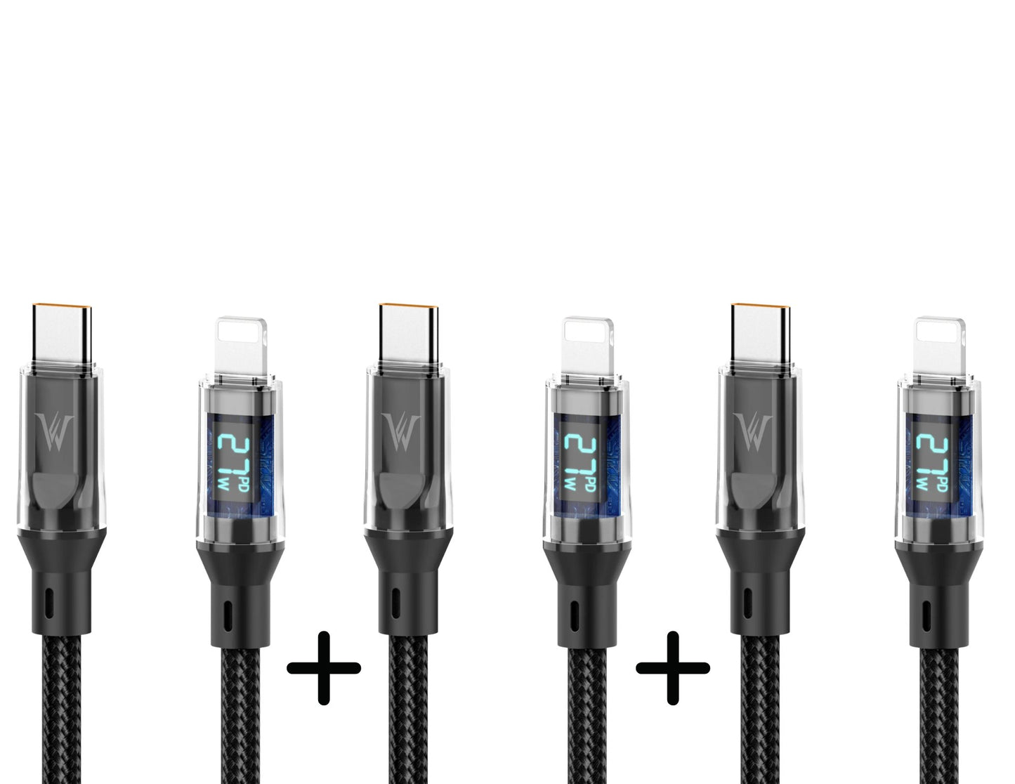 Set of five USB cables with digital displays on a white background