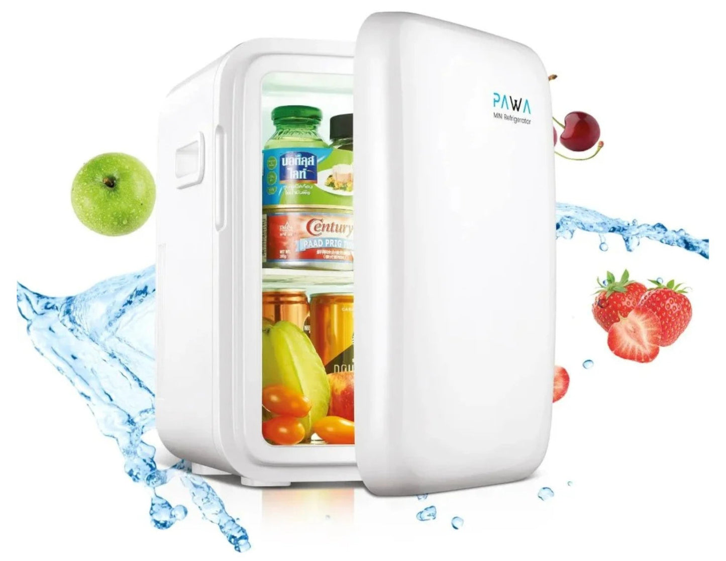PAWA Mini Refrigerator 10L PW10LMR-WH with food items inside, surrounded by fruits and water droplets on a white background