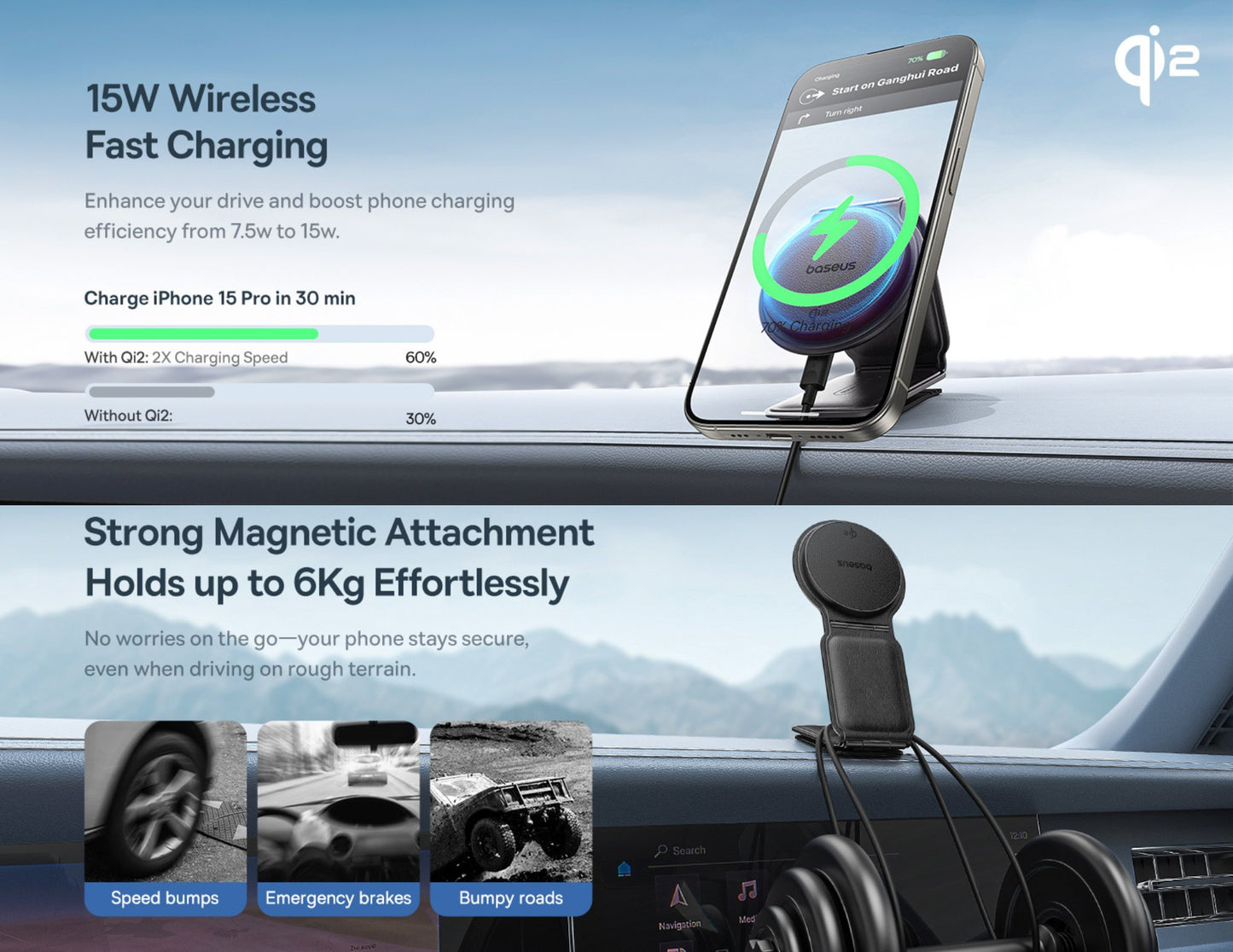 Car dashboard with wireless charging phone holder and QI2 branding