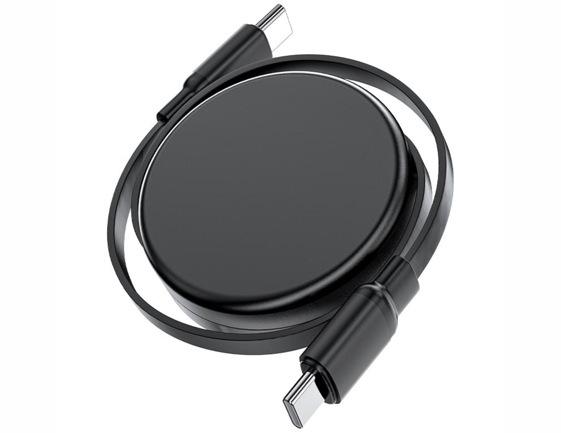 Black circular charging pad with USB-C cable on a white background