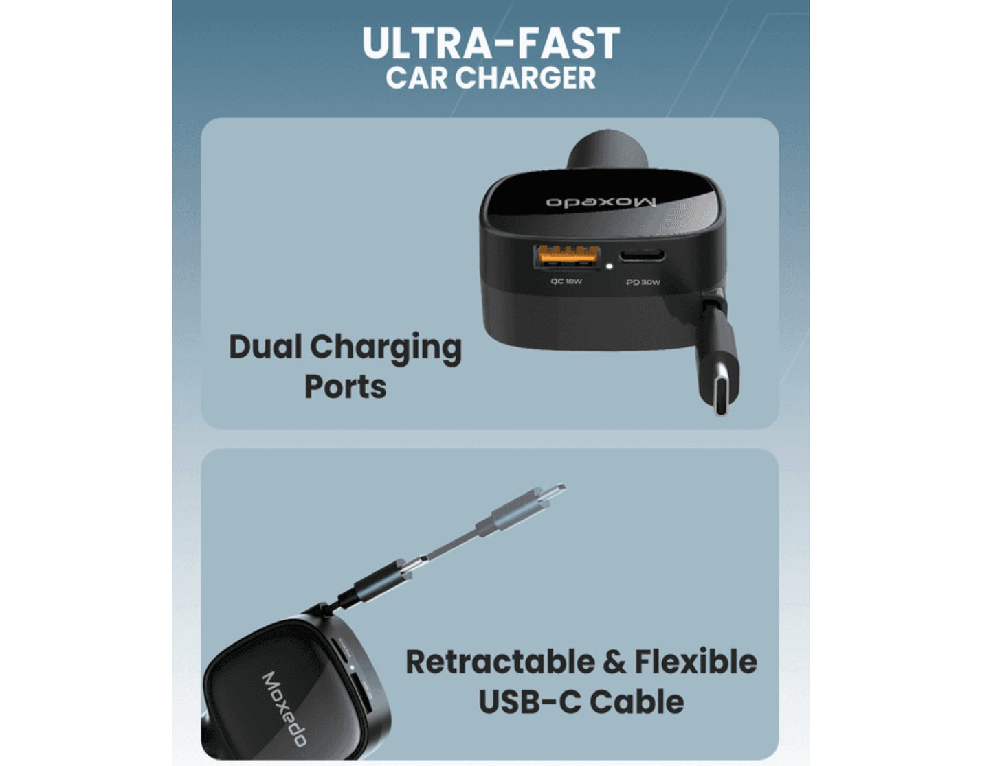 Moxedo Ultra Fast Car Charger MX-CC031 – 84W Dual Port with Built-in USB-C Retractable Cable