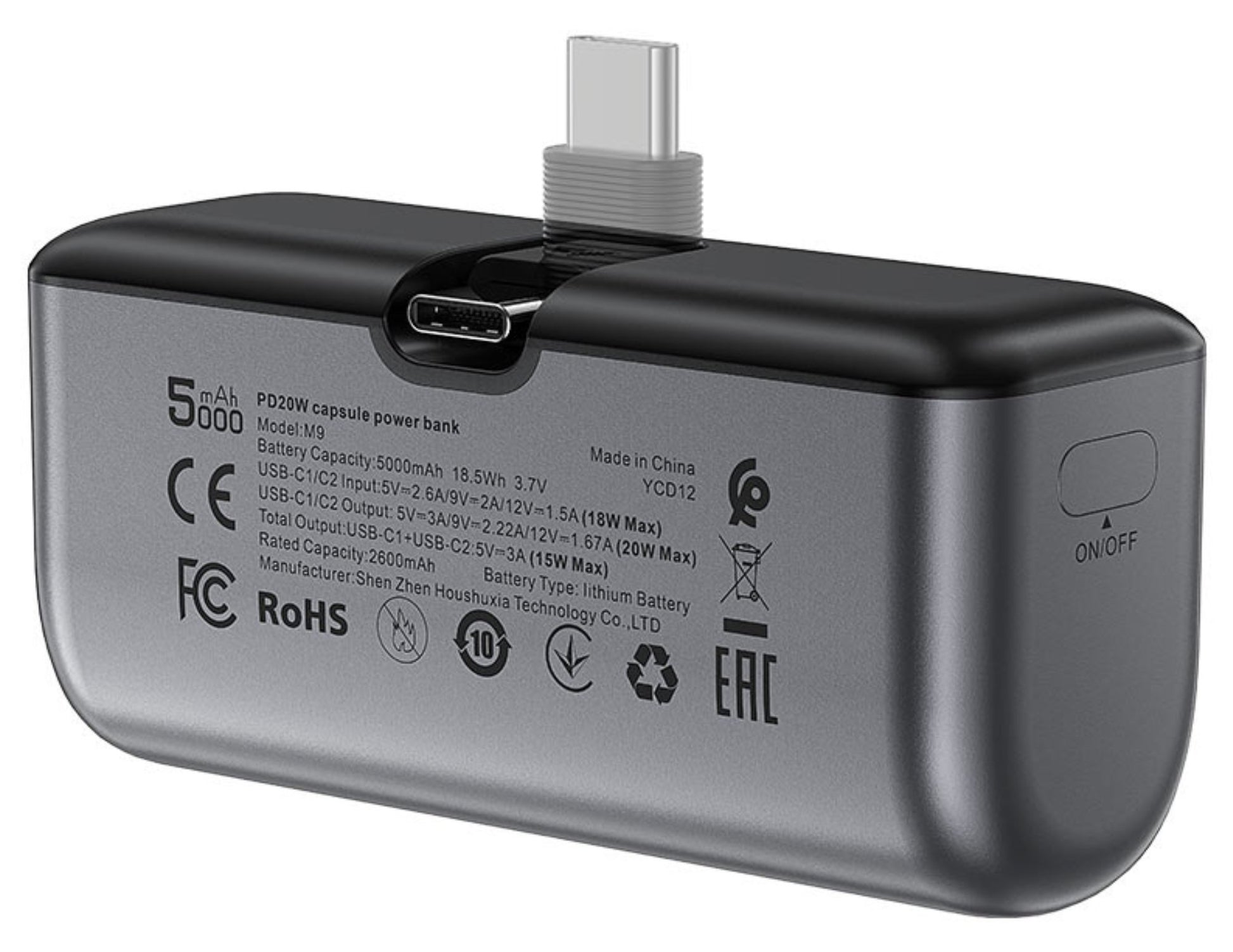 Black and gray power bank with USB-C connector on a white background
