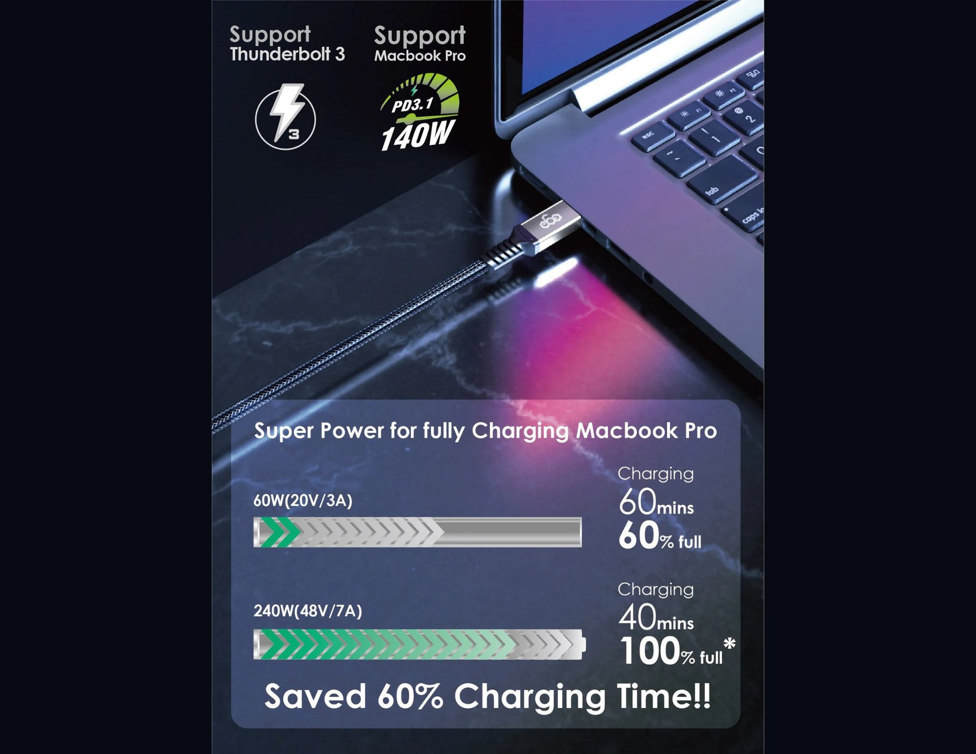 Laptop with a charging cable, displaying charging speed and power information.