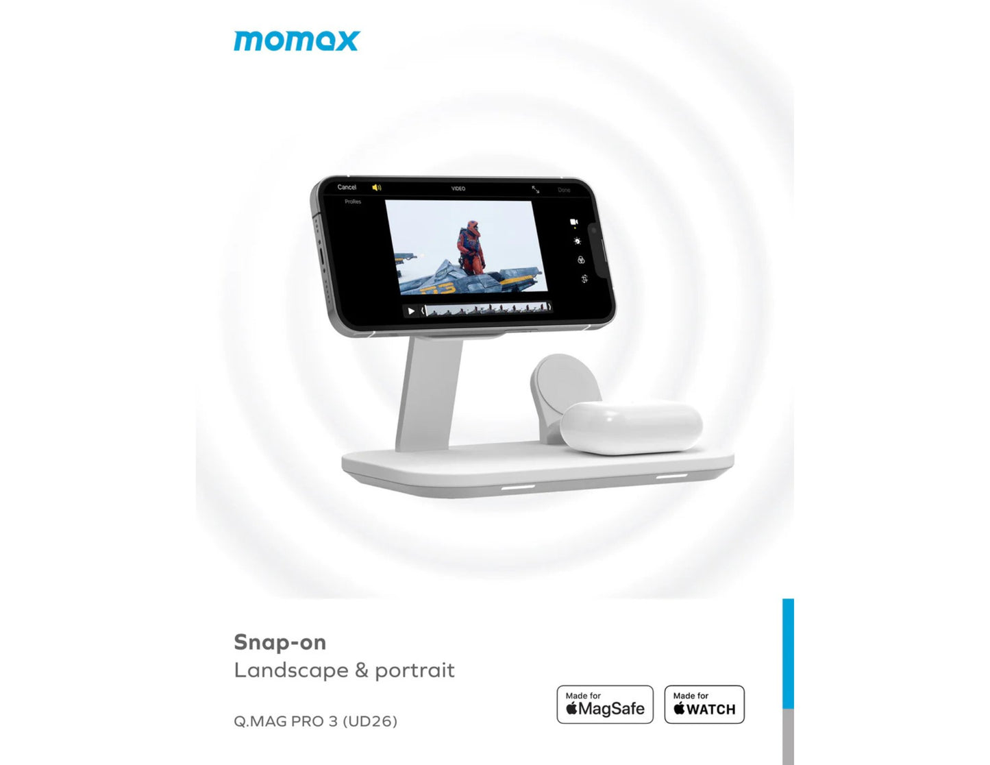 Momax Q.Mag Pro 3 25W 3‑in‑1 MagSafe Wireless Charging Stand – UD26W with screen displaying a product image on a white background, featuring the momax brand.