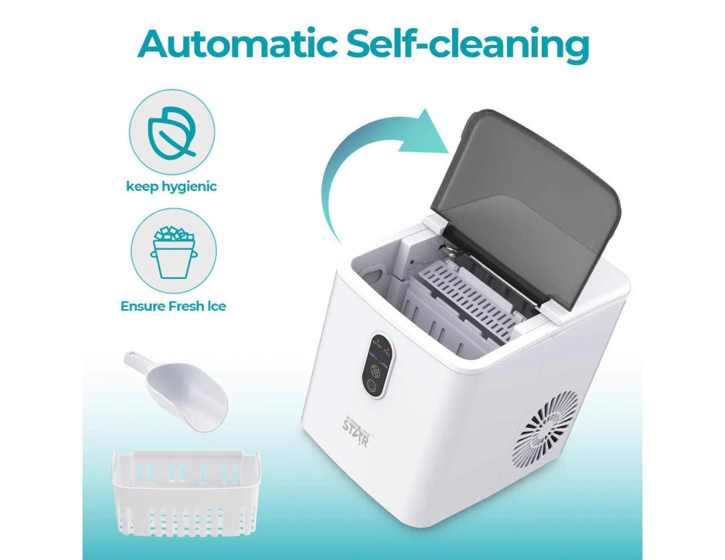 Winning Star Portable Ice Maker ST-9501 with automatic self-cleaning feature on a light blue background