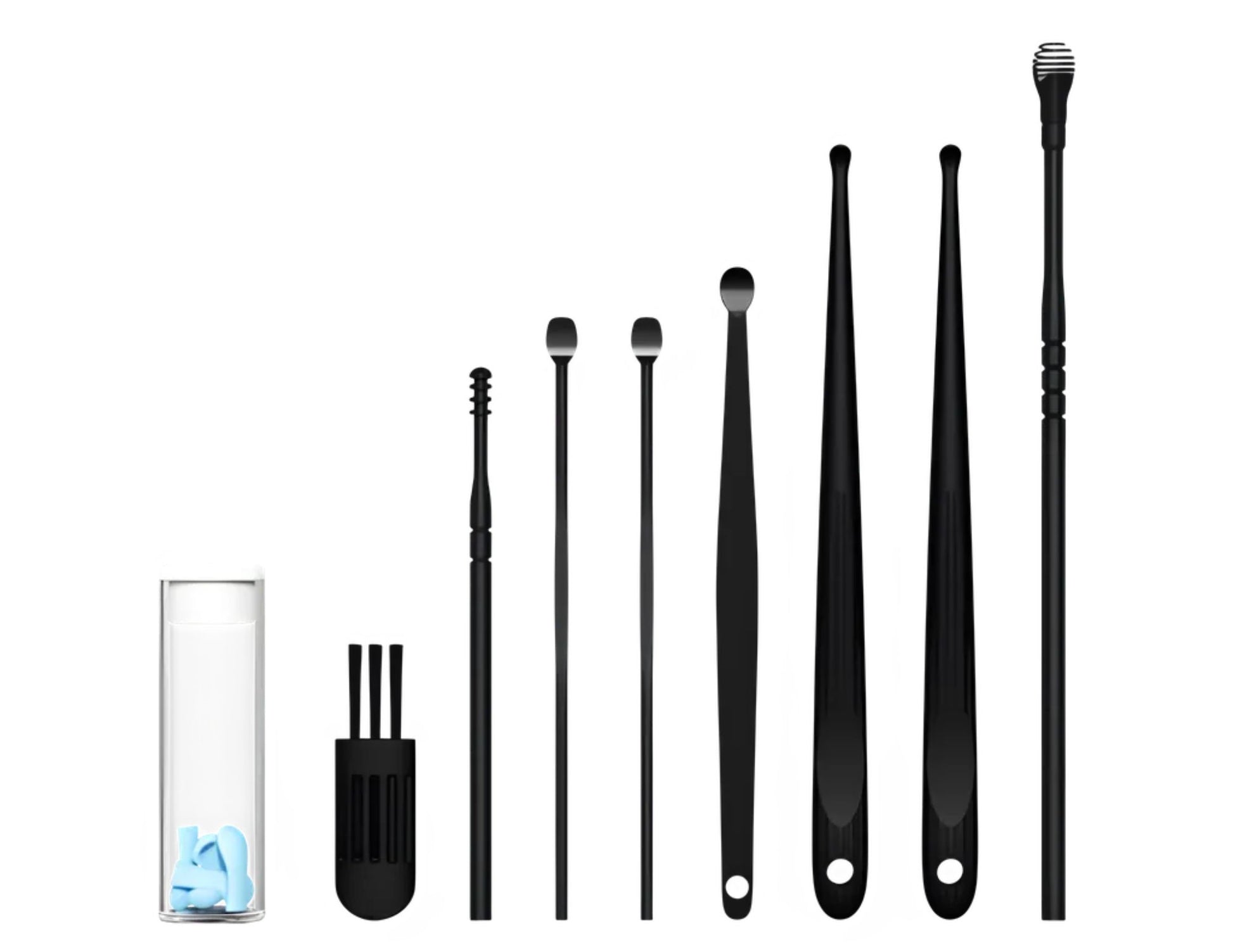 Set of black Goaltage EarCam Smart Ear Cleaning Kit – GT-ECL01 with a cylindrical container on a white background