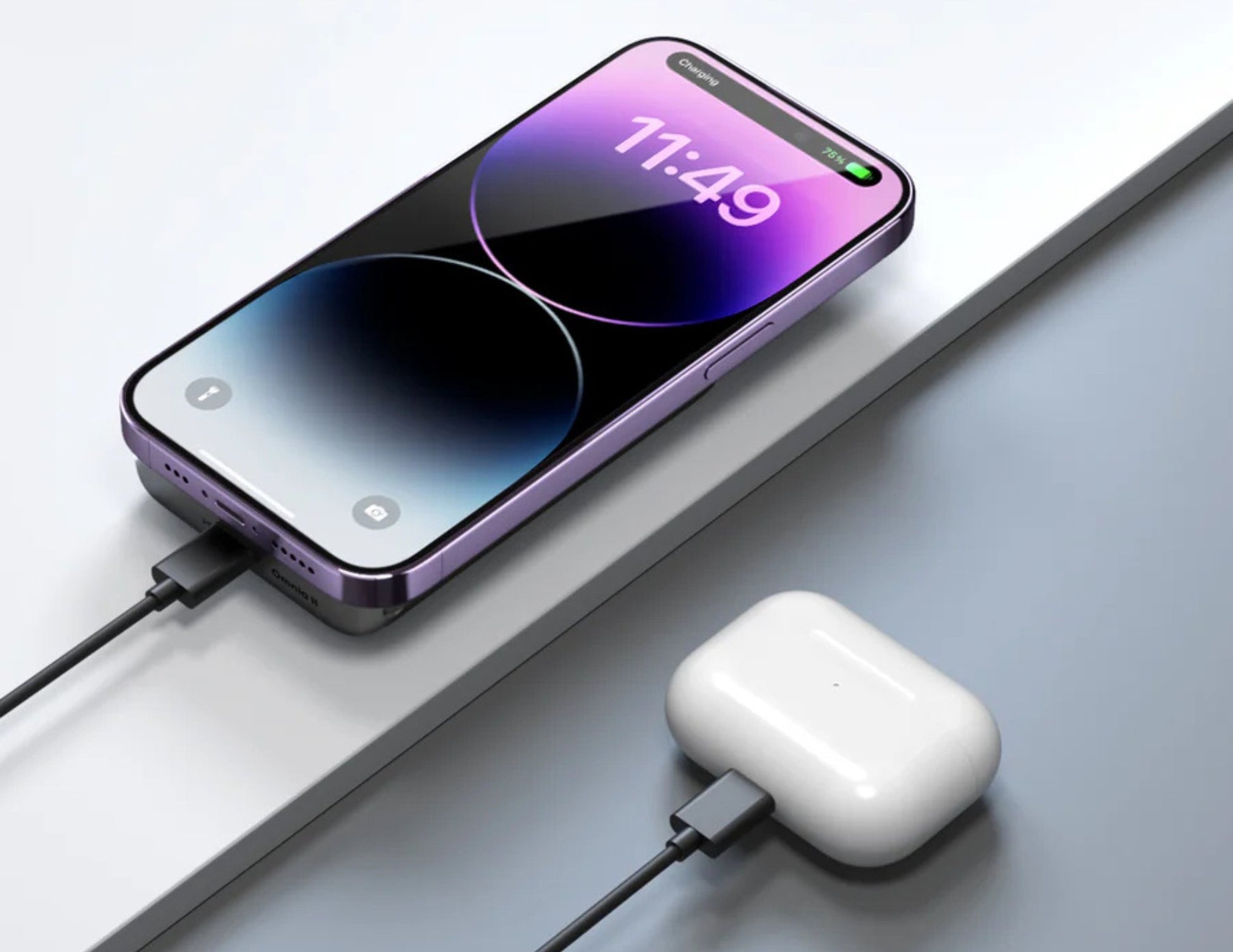 Smartphone and wireless earbuds on a white surface