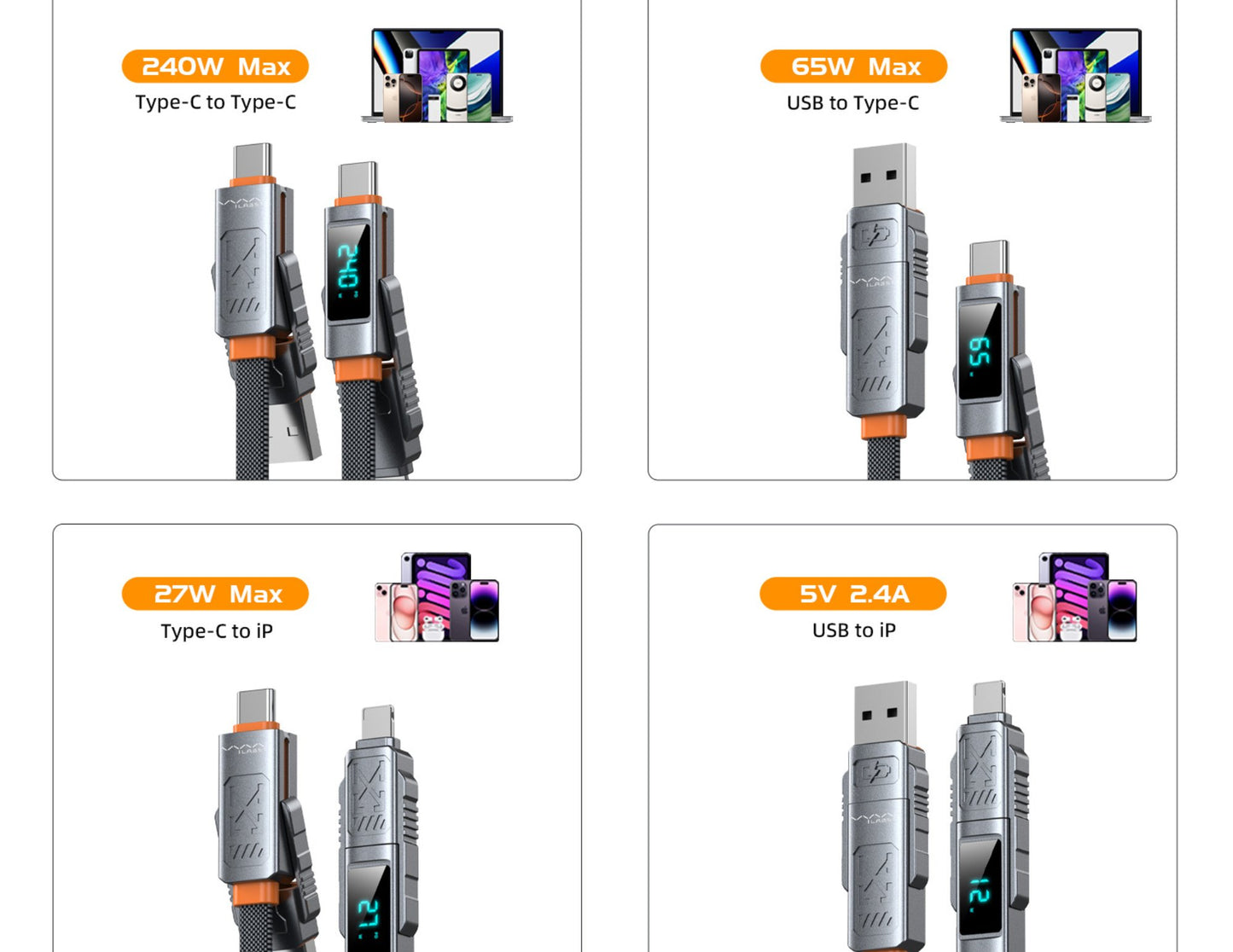 كابل شحن سريع Stellar 4 في 1 من Vyvylabs بقوة 240 واط - USB وType-C إلى C + Lightning (VCXQ-DGY)