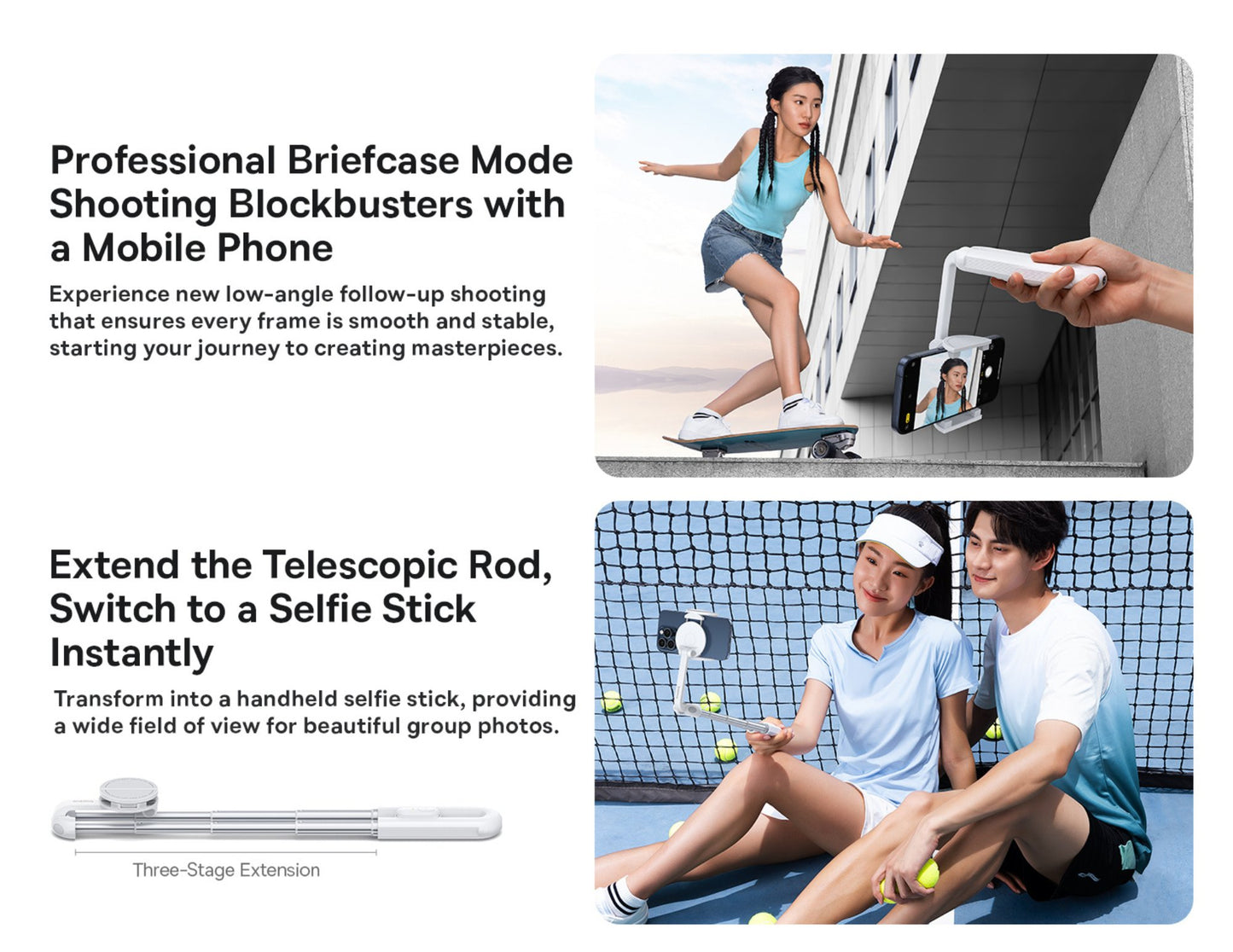 Product advertisement showing a phone case with telescopic rod and selfie stick features, used by people in various settings.