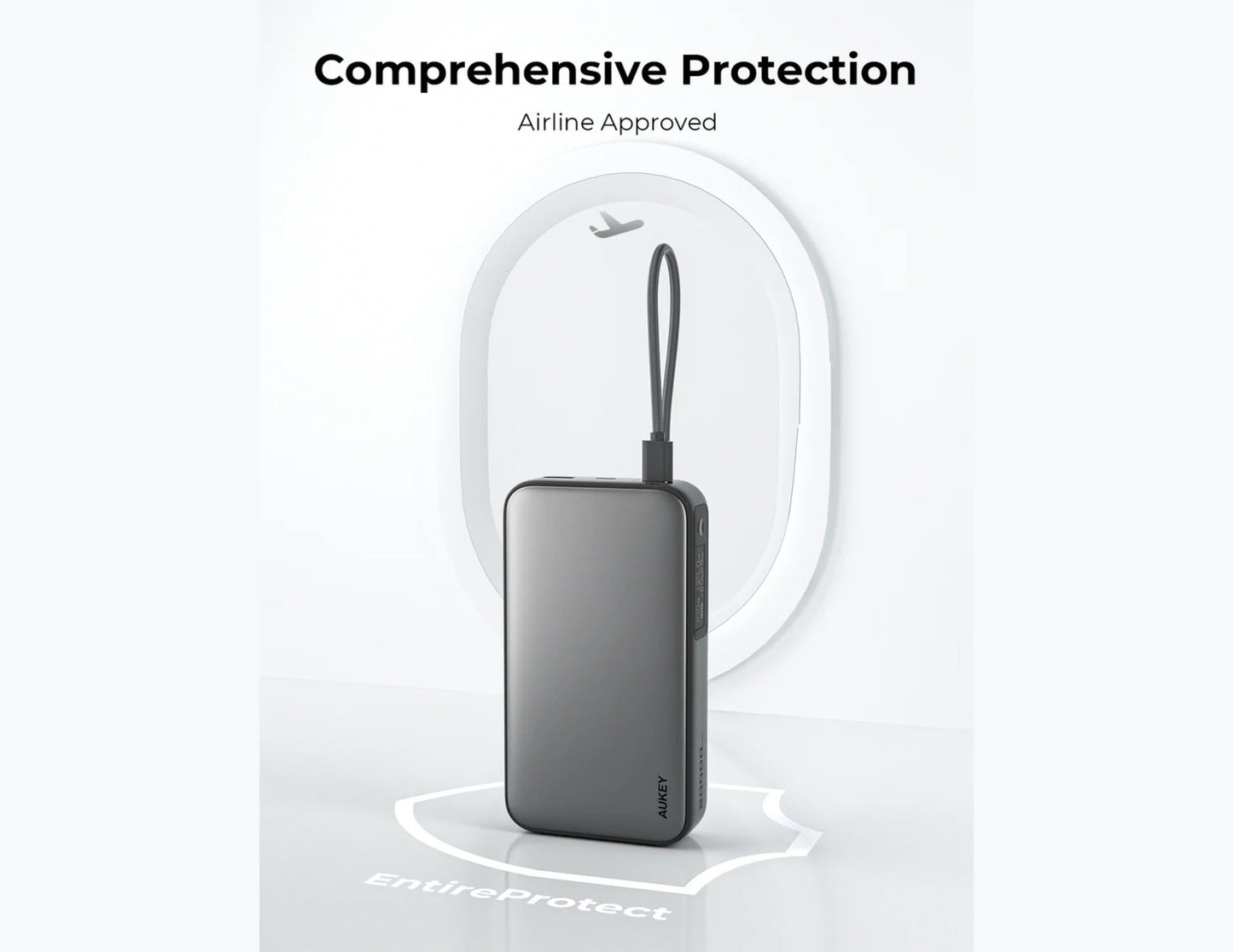 Aukey PB-Y43P Sprint X 130W PD 20000mAh Power Bank – Gray with 'Comprehensive Protection' and 'Airline Approved' text on a white background.