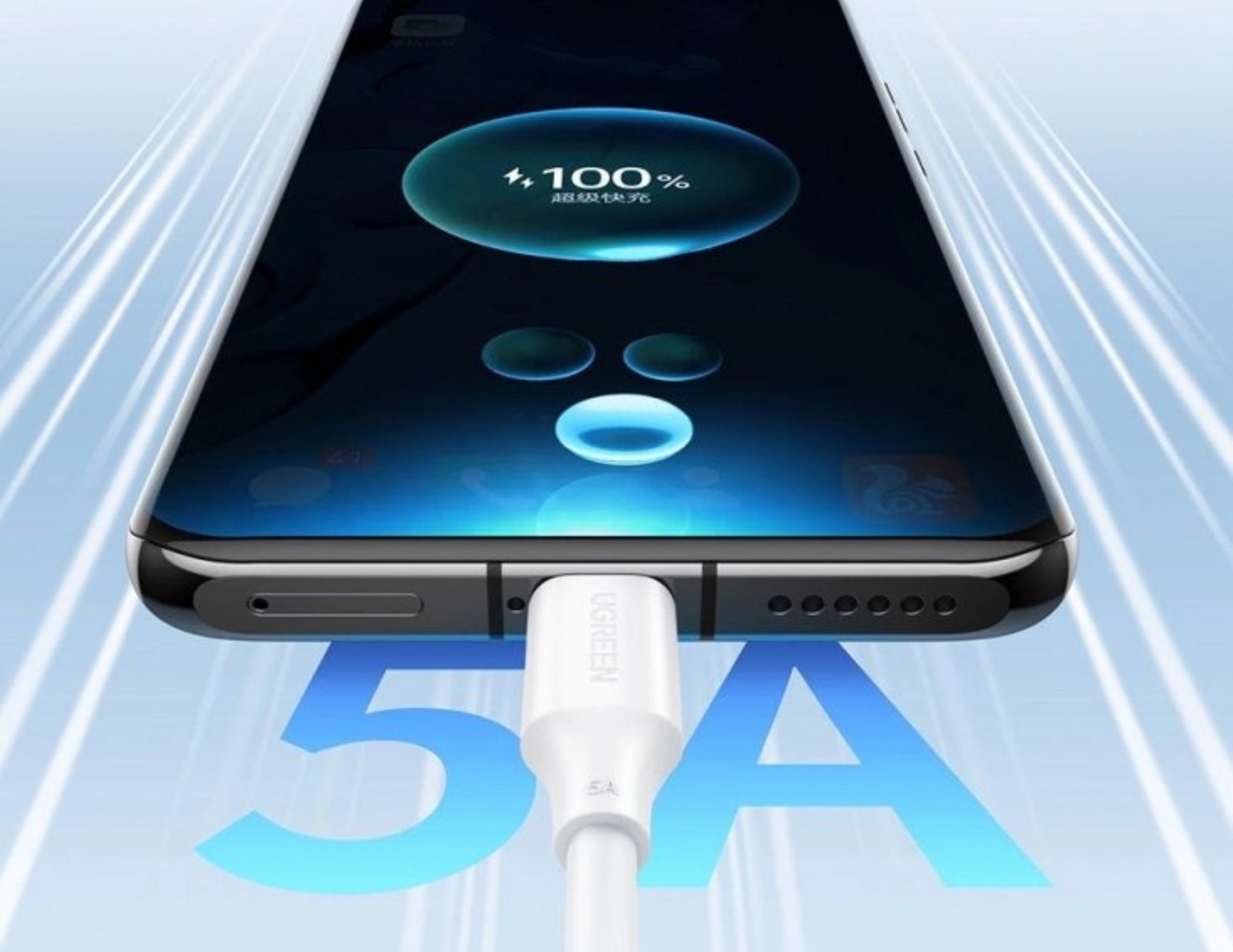Smartphone with a UGREEN 100W USB-C to USB-C PD Fast Charging Cable 2M – 60552 and '100%' battery indicator on a light blue background