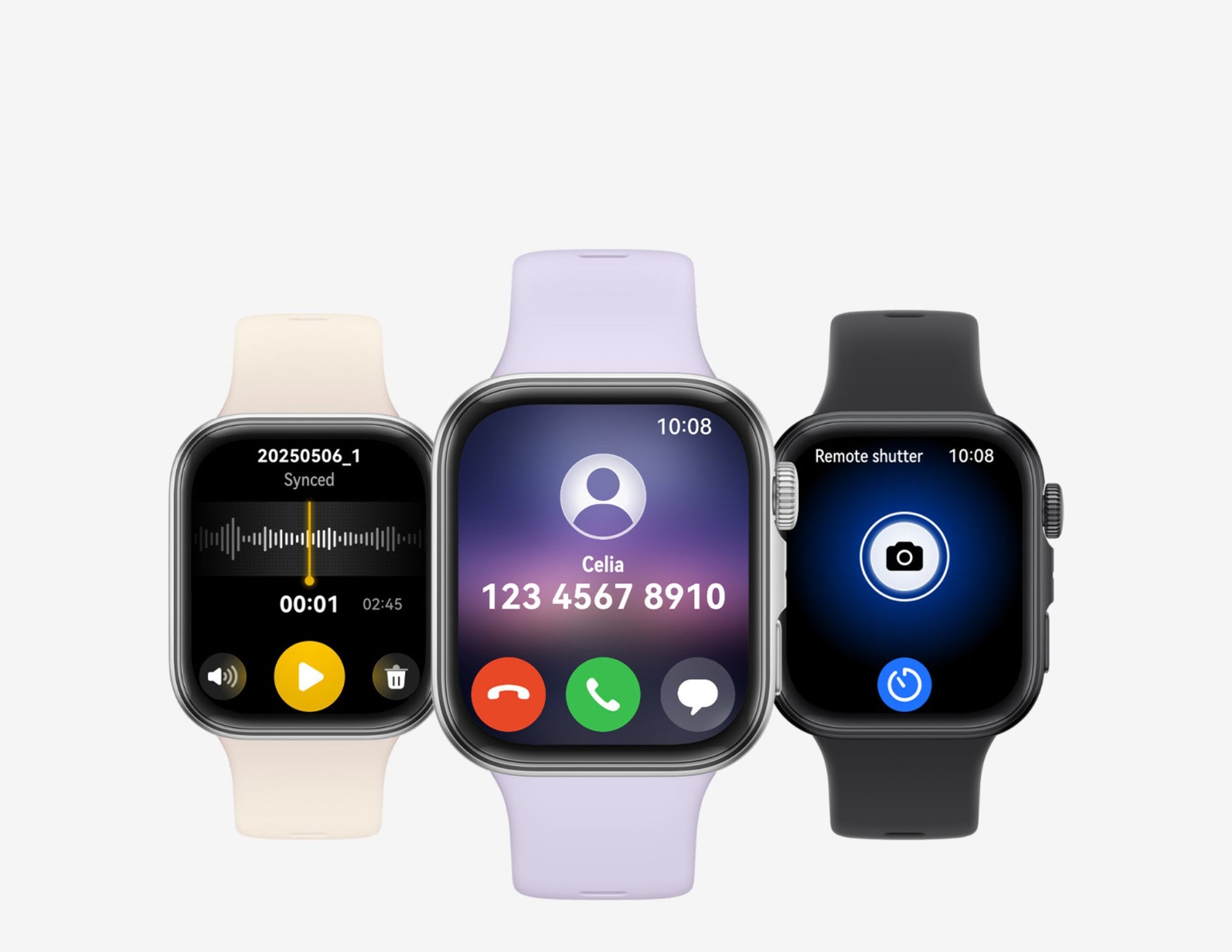 Three smartwatches displaying different functions on a white background