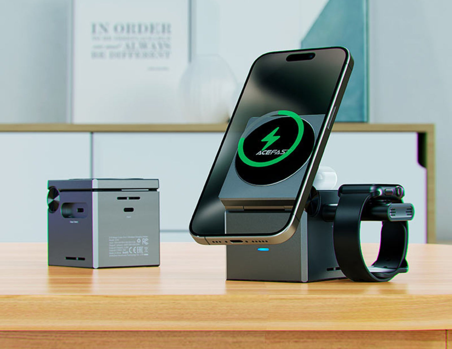 Smartphone with a charging stand on a wooden surface, with a blurred background.