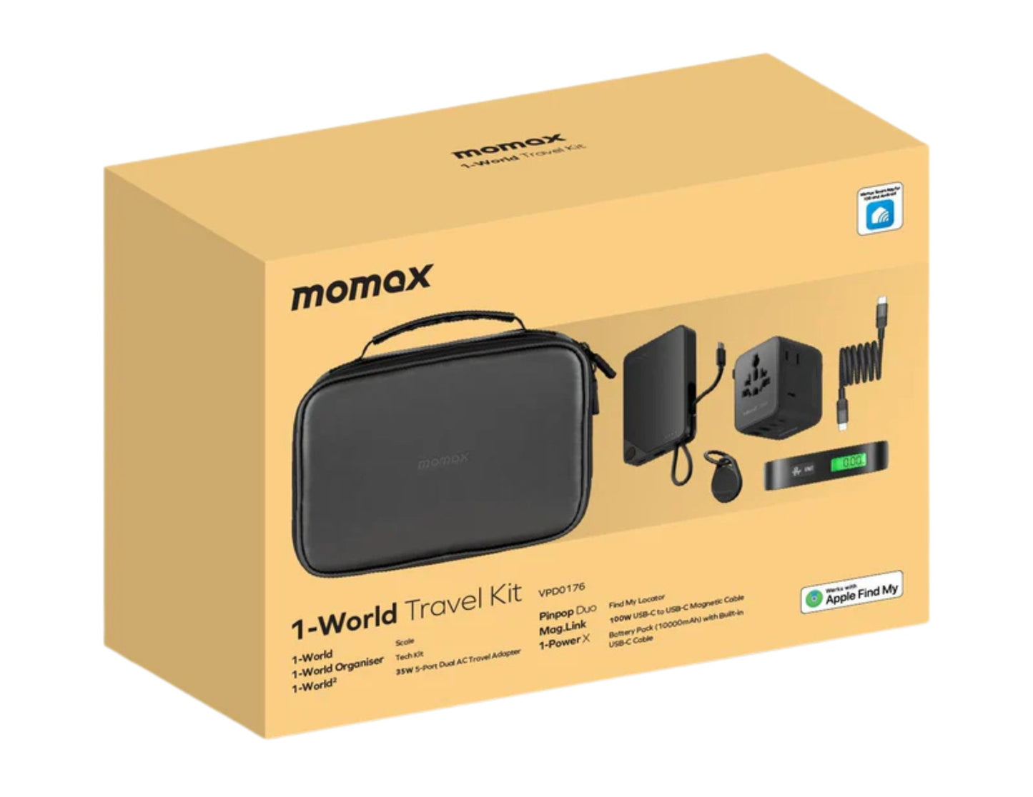 MOMAX 1-World Travel Essential Kit – VPD0176 packaging on a beige background