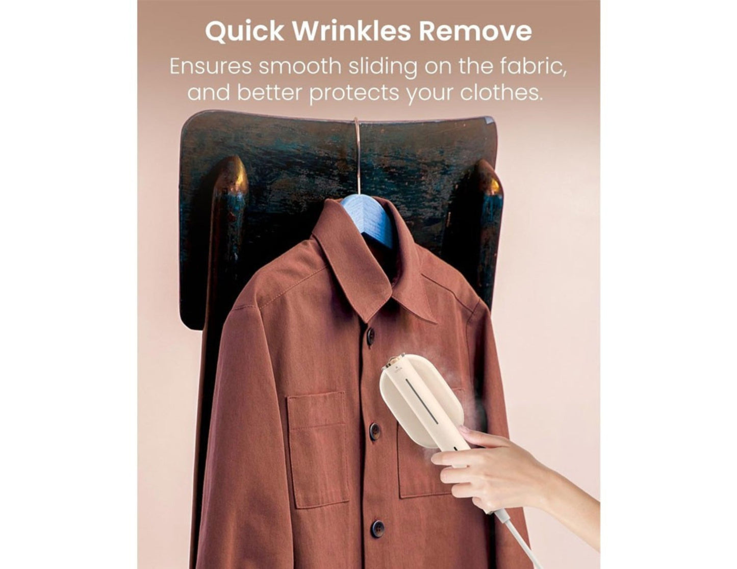 Brown jacket on a hanger with a hand using a Moxedo 2-in-1 Dynamic Steam Flat Iron MX-DF1011, text about wrinkle removal.