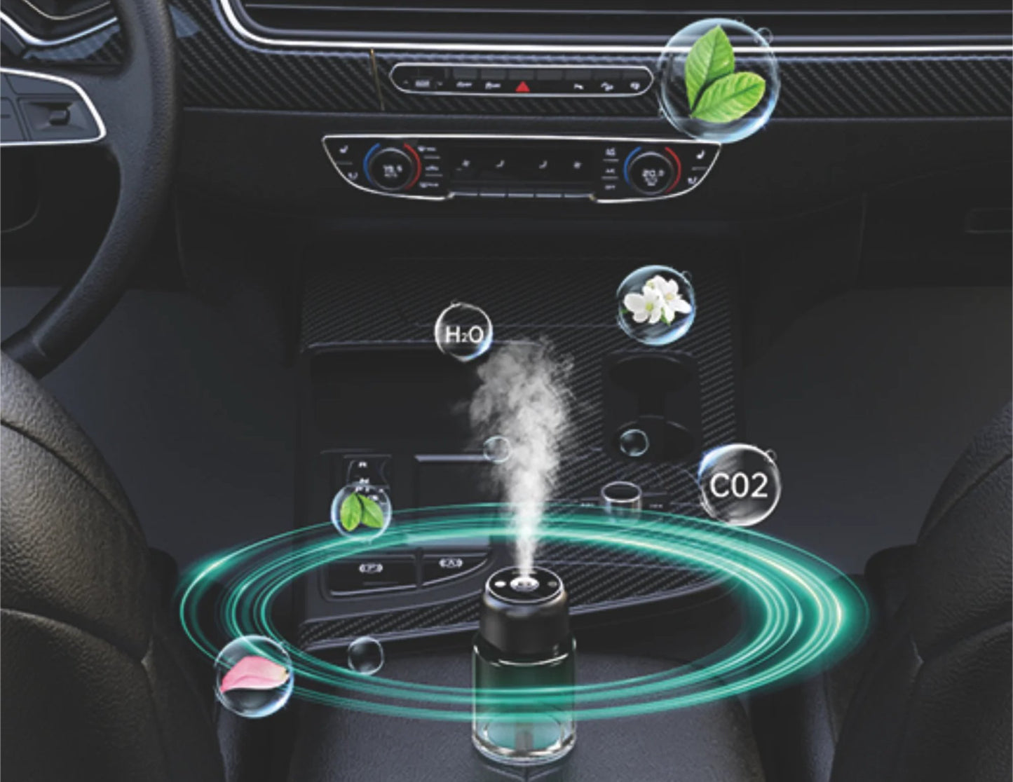 Car interior with a Wizard Intelligent Aroma Diffuser with Built-in Laser Light AR-300 emitting steam, surrounded by icons and graphics.