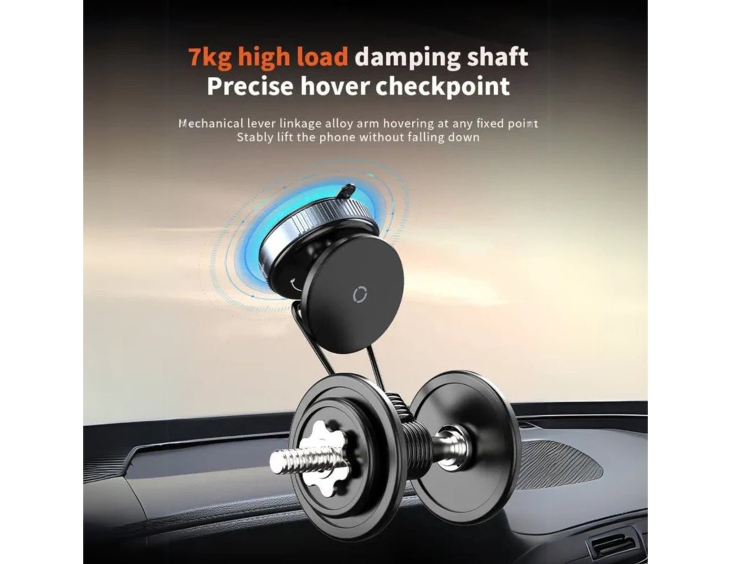 Car phone holder with text on a blurred car interior background