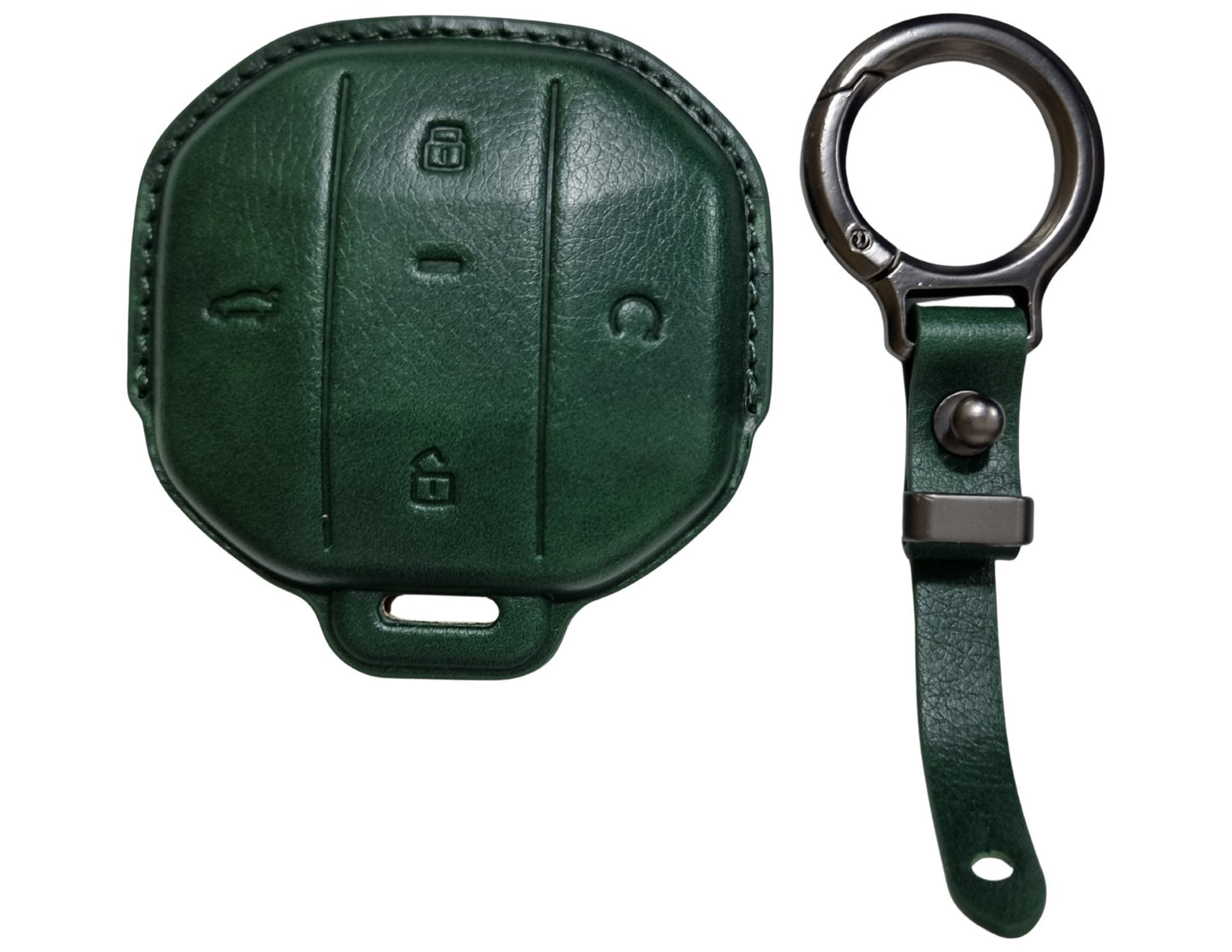 Green Jetour Hybrid Car Key Cover – Alcantara / Leather Finish with keychain on a white background