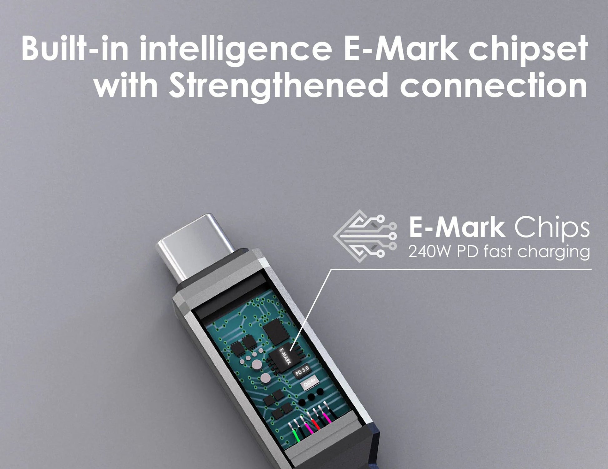 Electronic device with E-Mark chipset and fast charging capabilities on a gray background