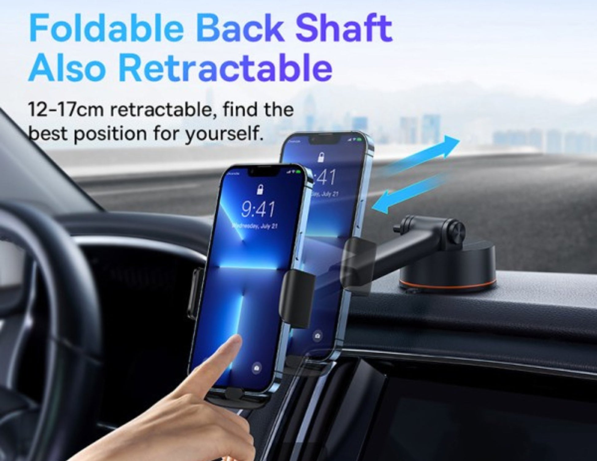 Baseus Easy Control Clamp Car Mount Holder Suction Cup with retractable feature displayed in a car interior.