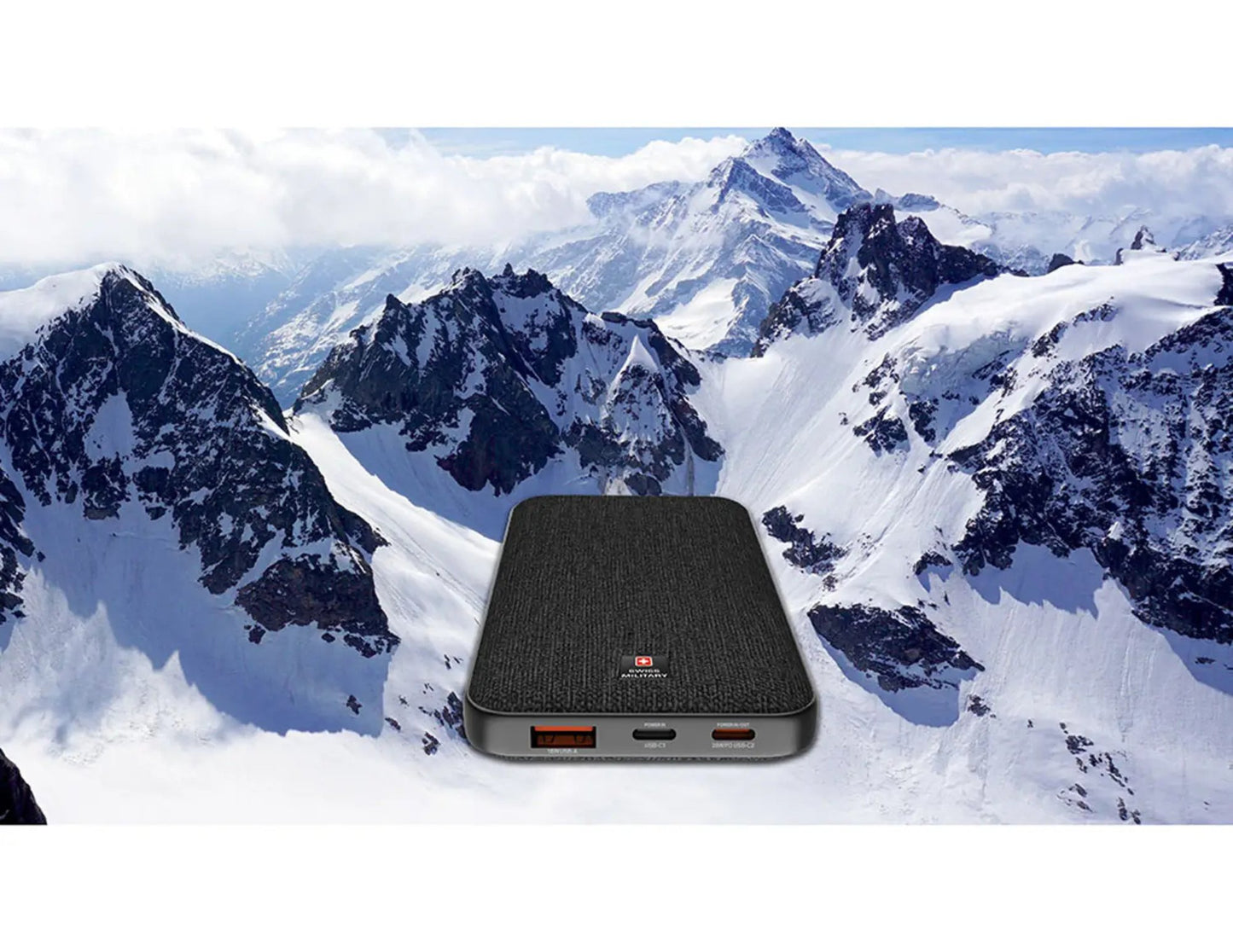 Black Swiss Military Power House 10000mAh USB-C 20W Power Bank – SM-PB-10K-2C1A on a snowy mountain landscape