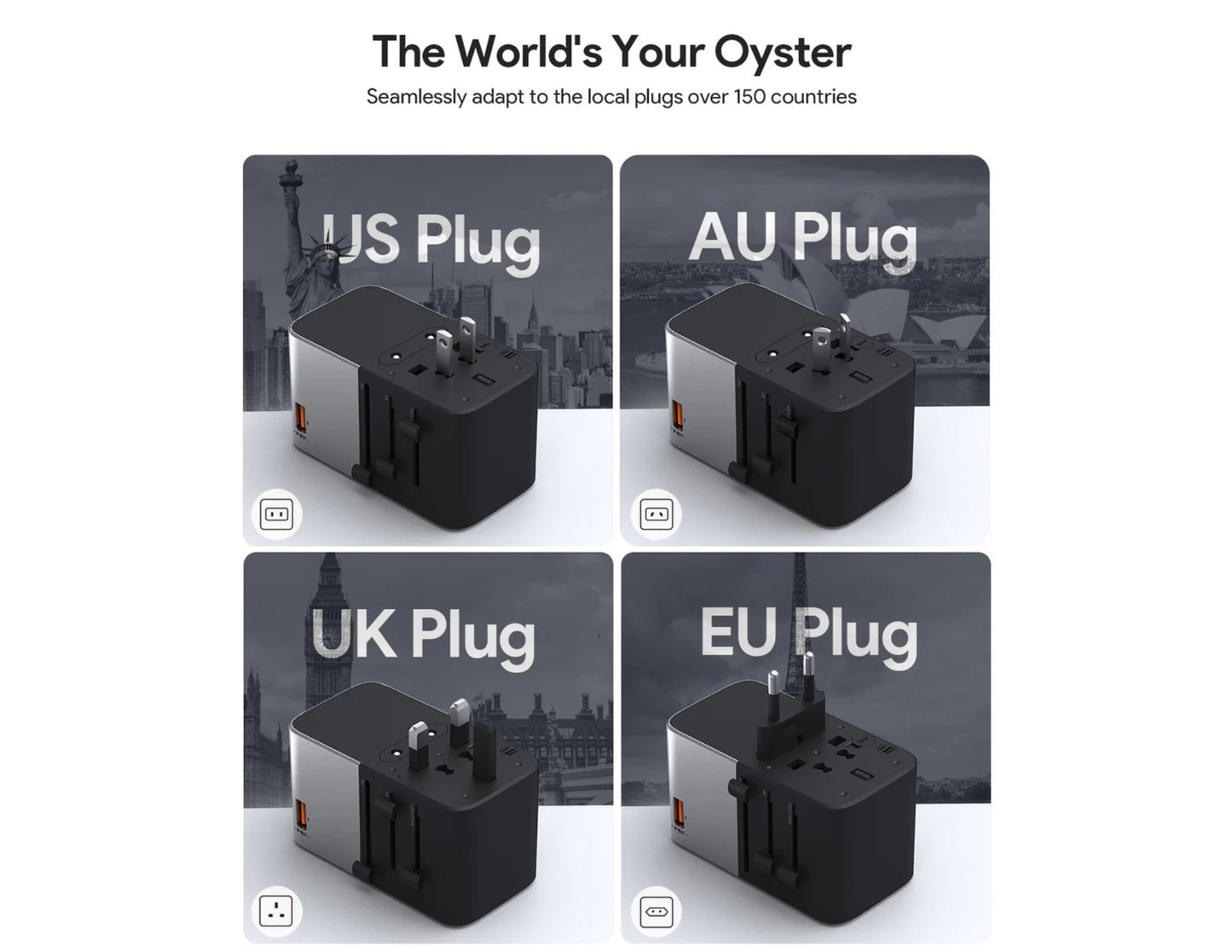 AUKEY Travel Mate PA-TA09A 100W GaN Universal Adapter with USB Ports – Gray