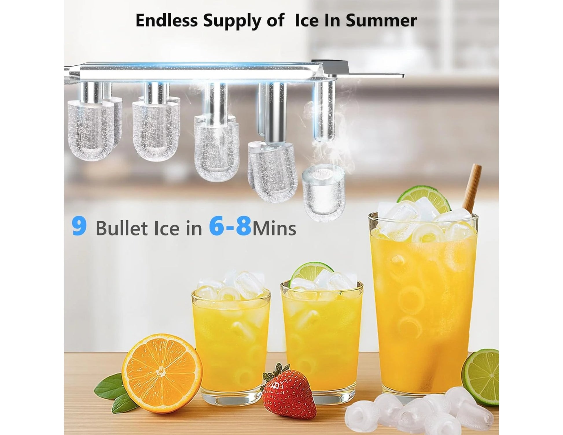 Ice maker with glasses of iced drinks on a wooden surface, featuring text about ice production time.
