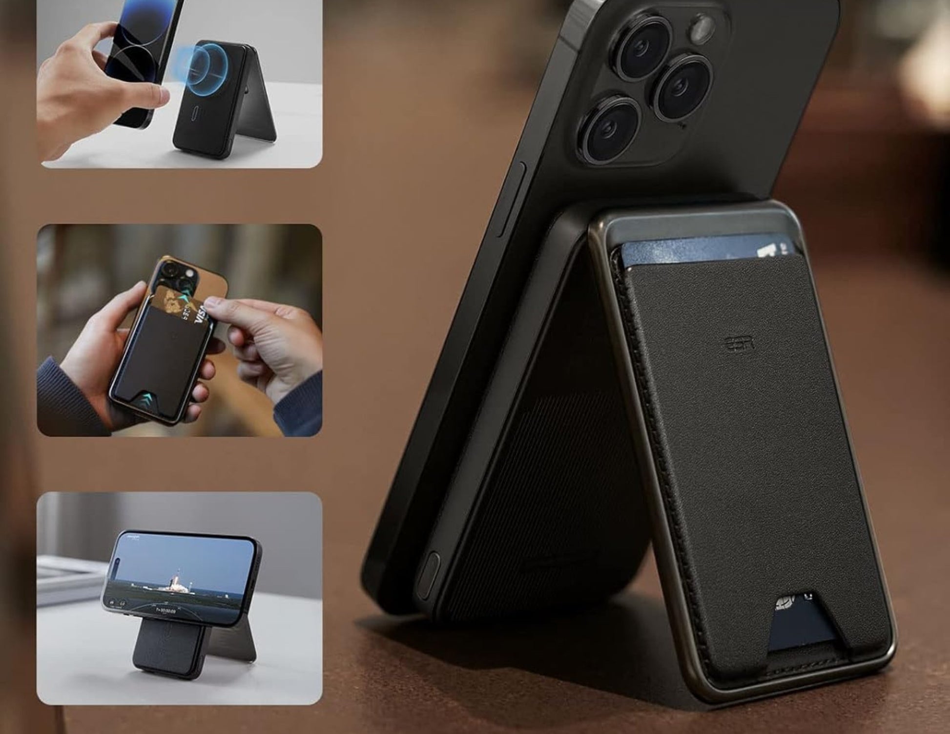 ESR HaloLock Power Bank Wallet 5000mAh with Stand – Black on a brown surface, with close-up insets showing phone use.