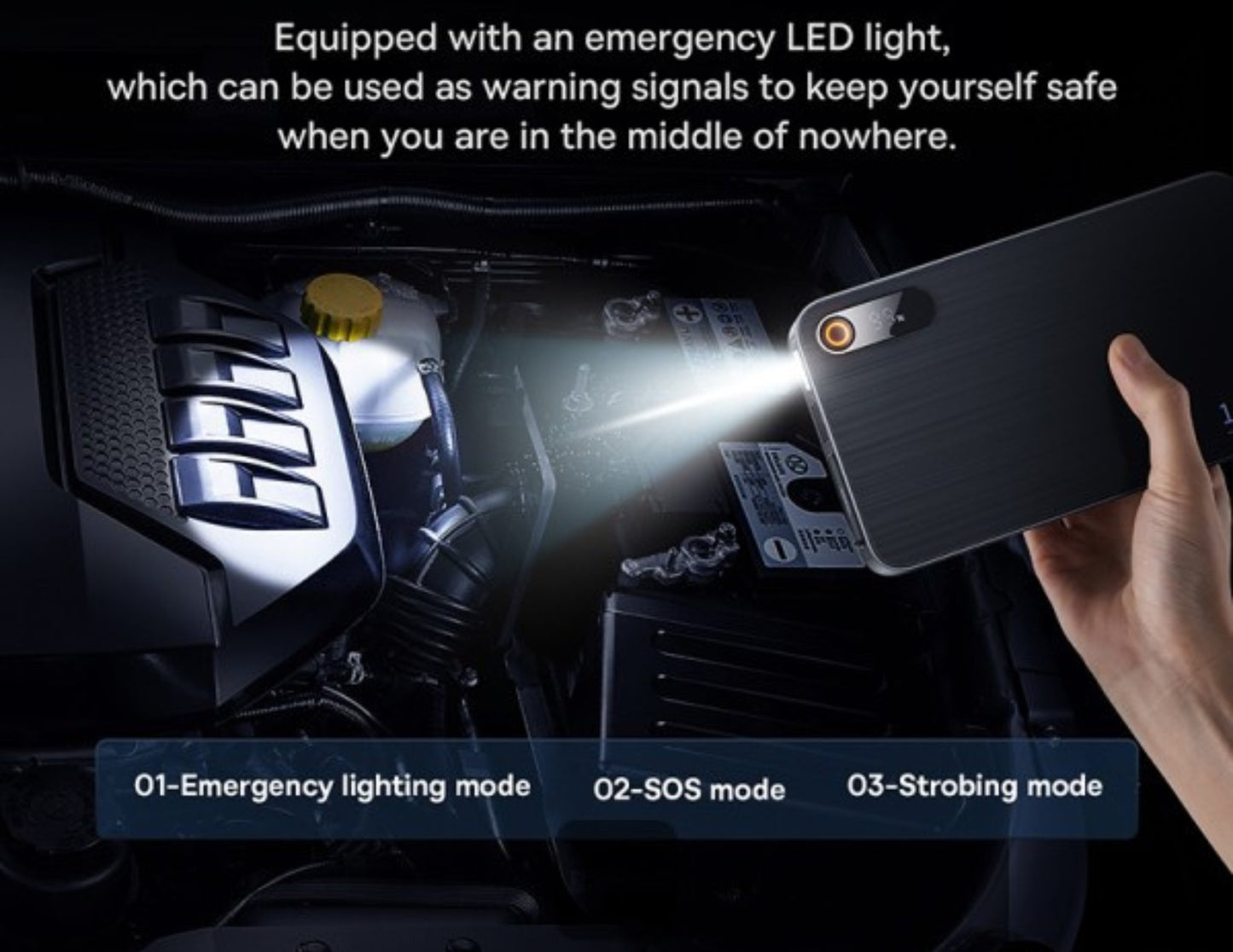 Baseus Super Energy Pro+ Car Jump Starter with emergency LED light feature being used in a dark setting