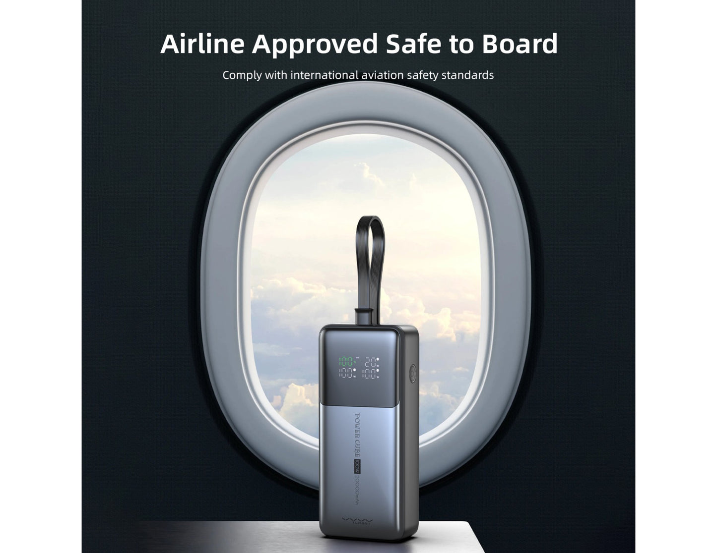 Vyvylabs Power Cube Pro Digital Display Power Bank 20000mAh 100W with Type-C Fast Charging Cable – VBQ10-TN Portable safe with airplane window in the background, labeled 'Airline Approved Safe to Board'.