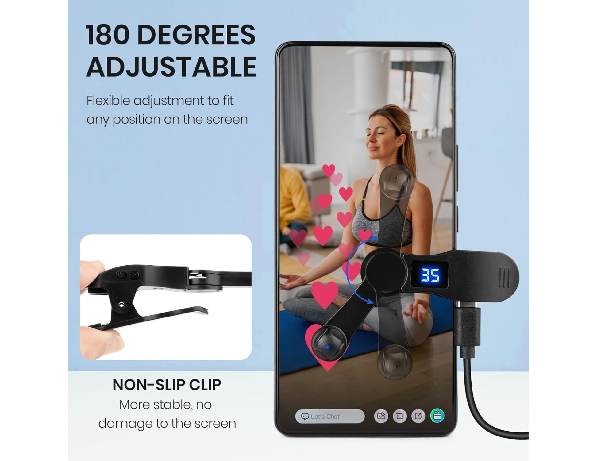 Phone screen with a phone holder displaying a woman, with text about adjustable phone holder features.