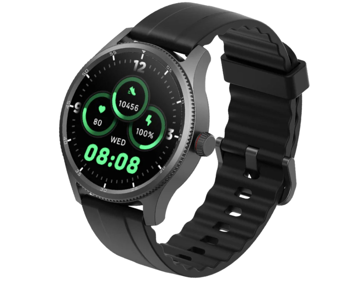Black smartwatch with a digital display on a white background