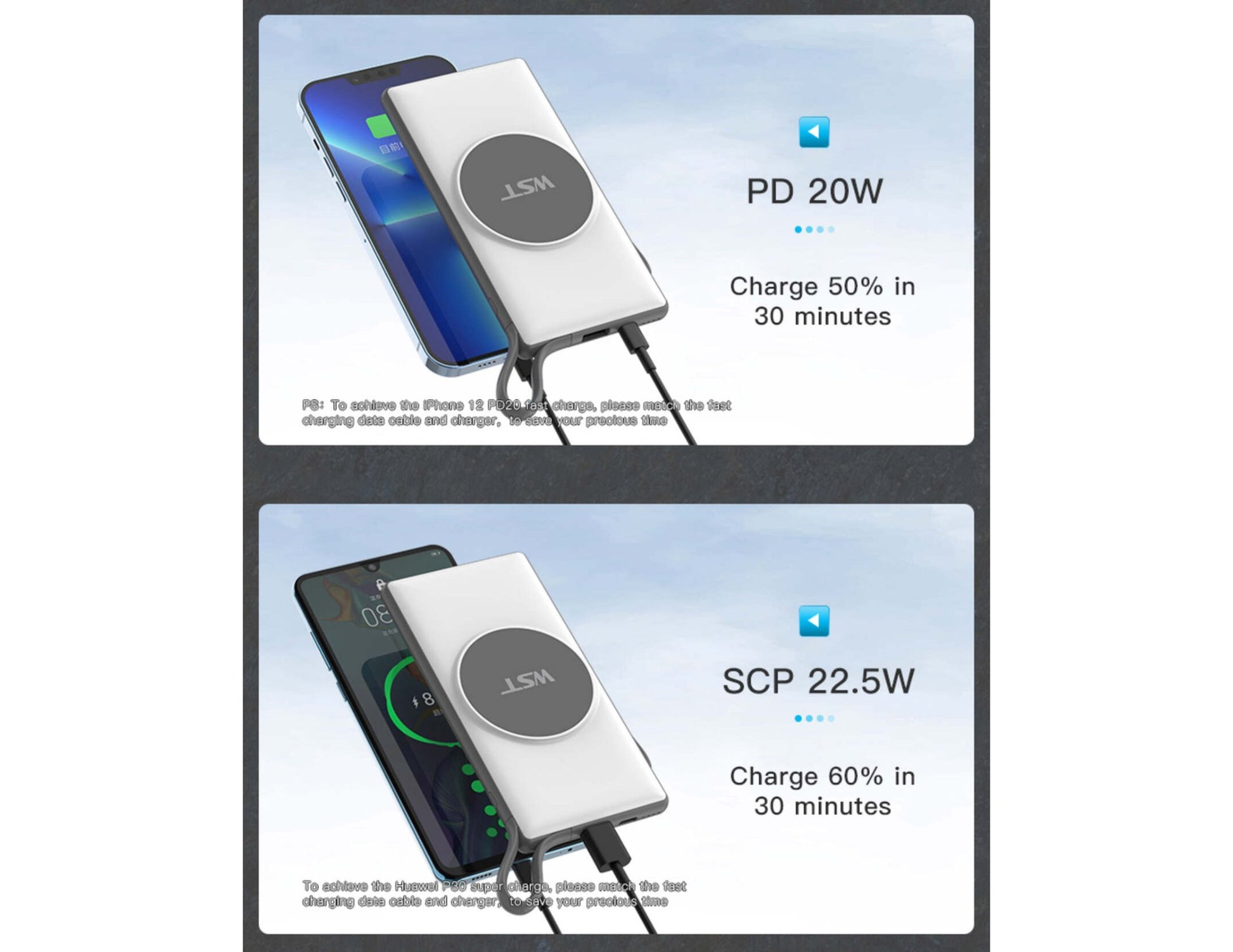 Charging cable and adapter with fast charging capabilities on a white background
