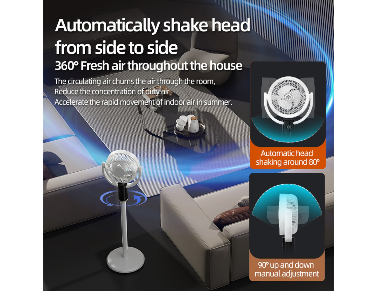 Air circulation device with features highlighted on a living room background