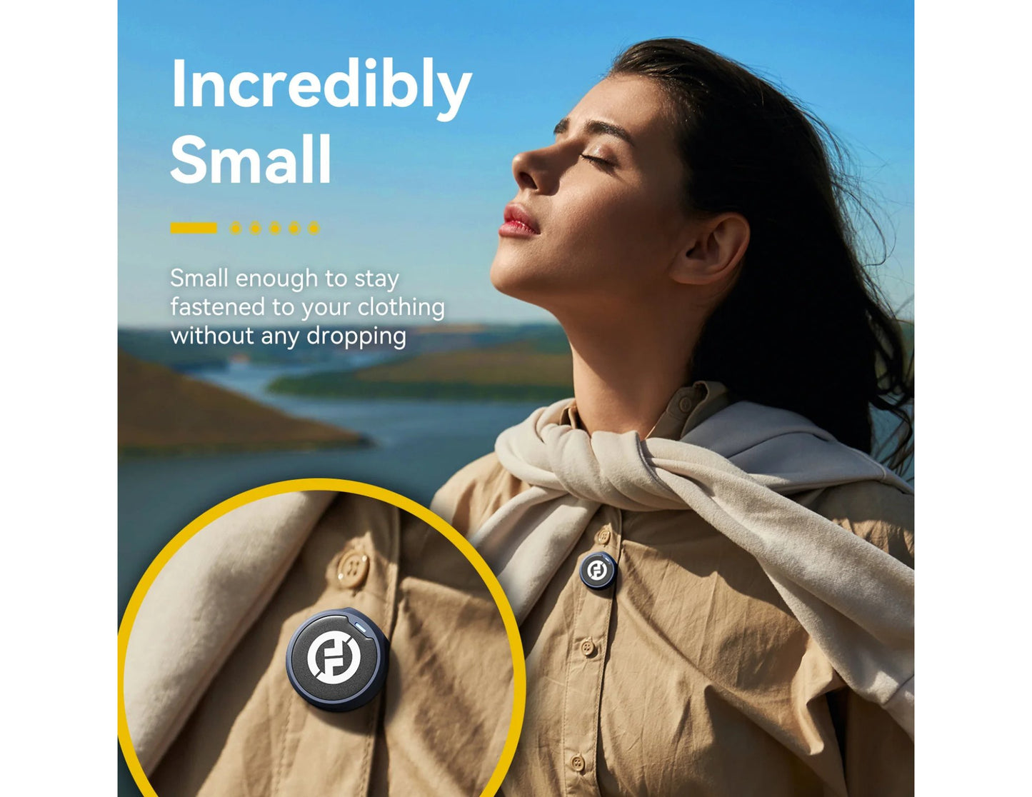 Woman wearing a product on her clothing with scenic background