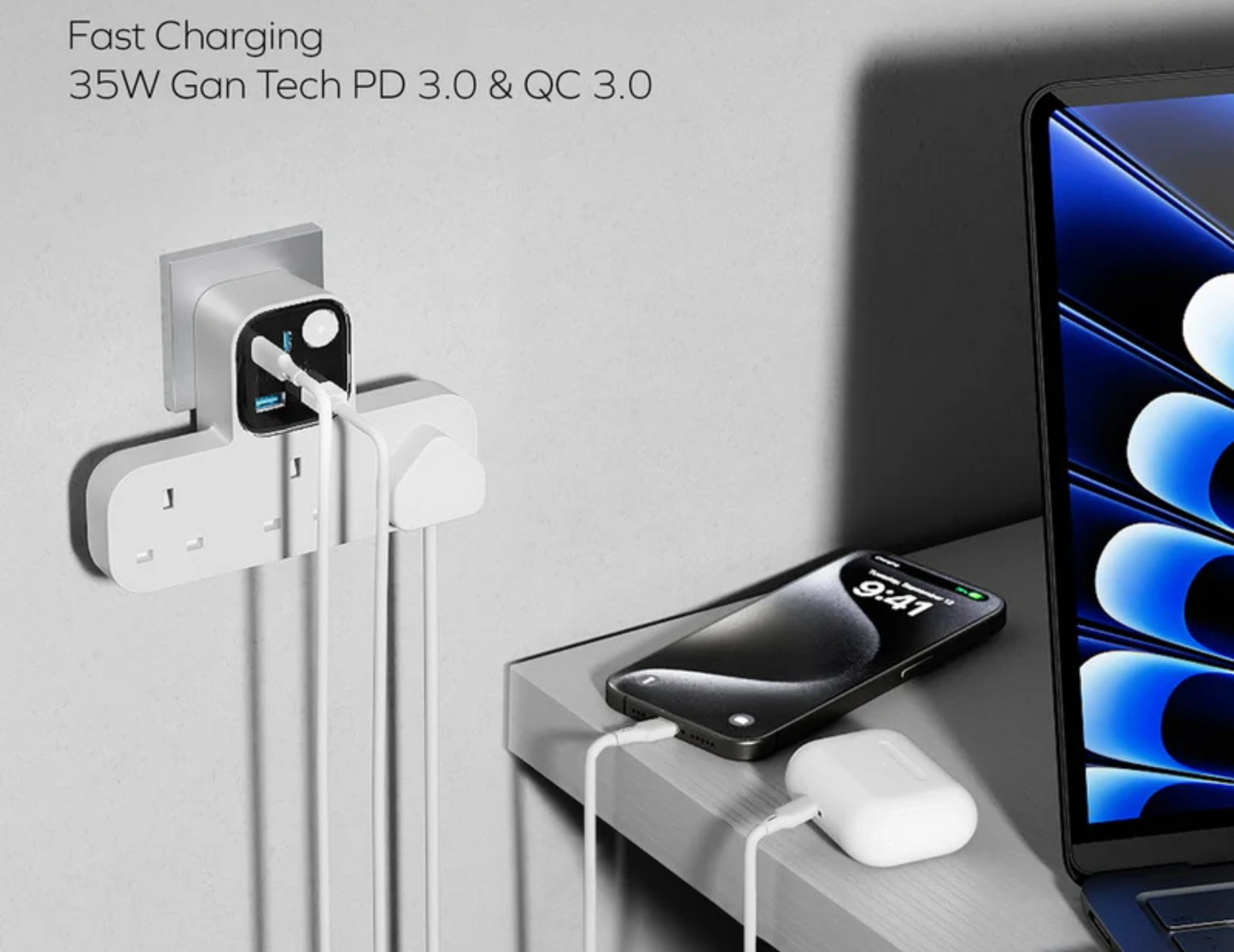 Momax 1-Charger Work Flow T-Shaped Extension with 3 Sockets & USB Ports