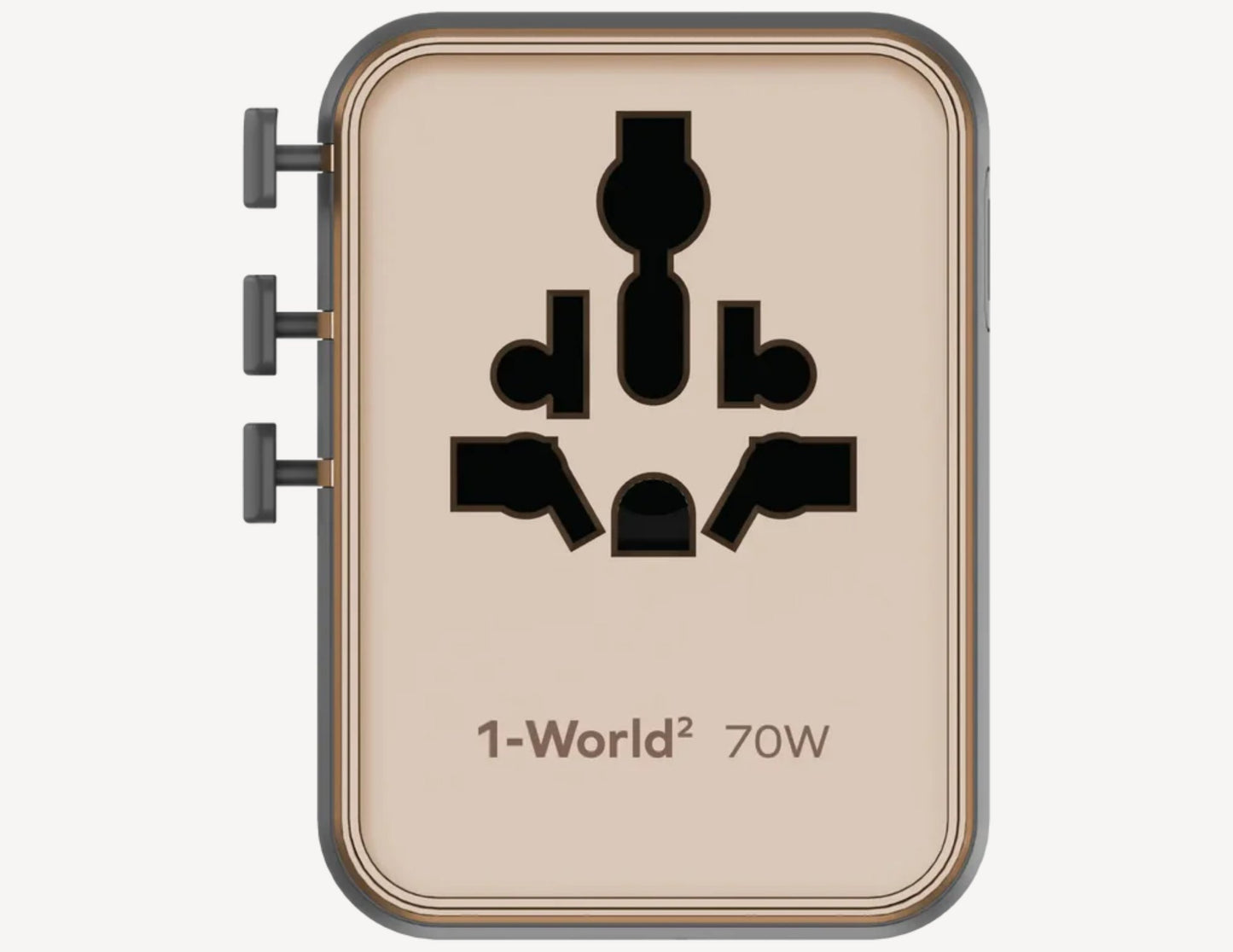 Momax 1‑World² 5‑Port Mini Universal Travel GaN Charger 70W with Dual AC – UA22L2 with '1-World 70W' branding on a beige background