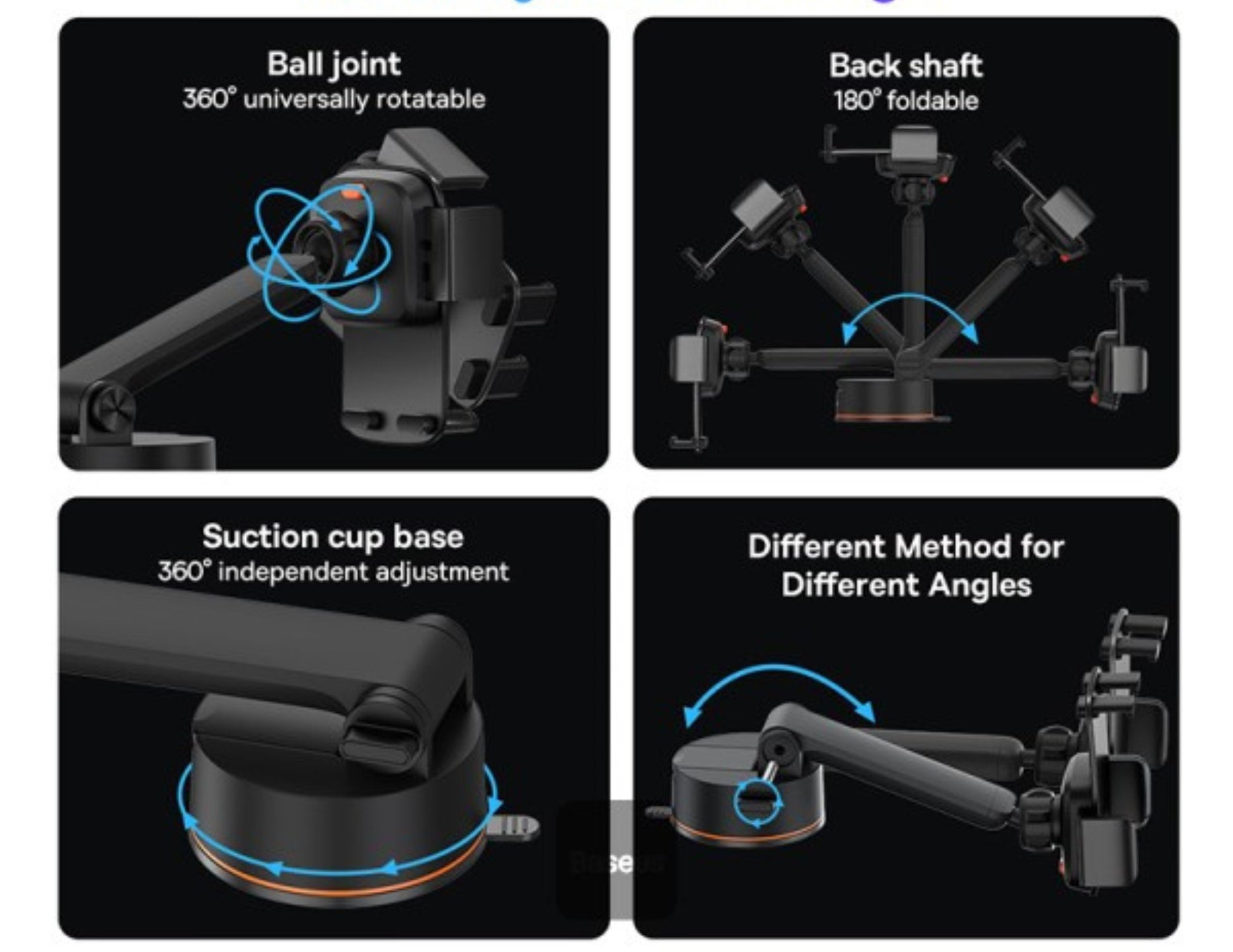 Illustrations of a flexible arm with ball joint, back shaft, suction cup base, and adjustable methods on a black background.