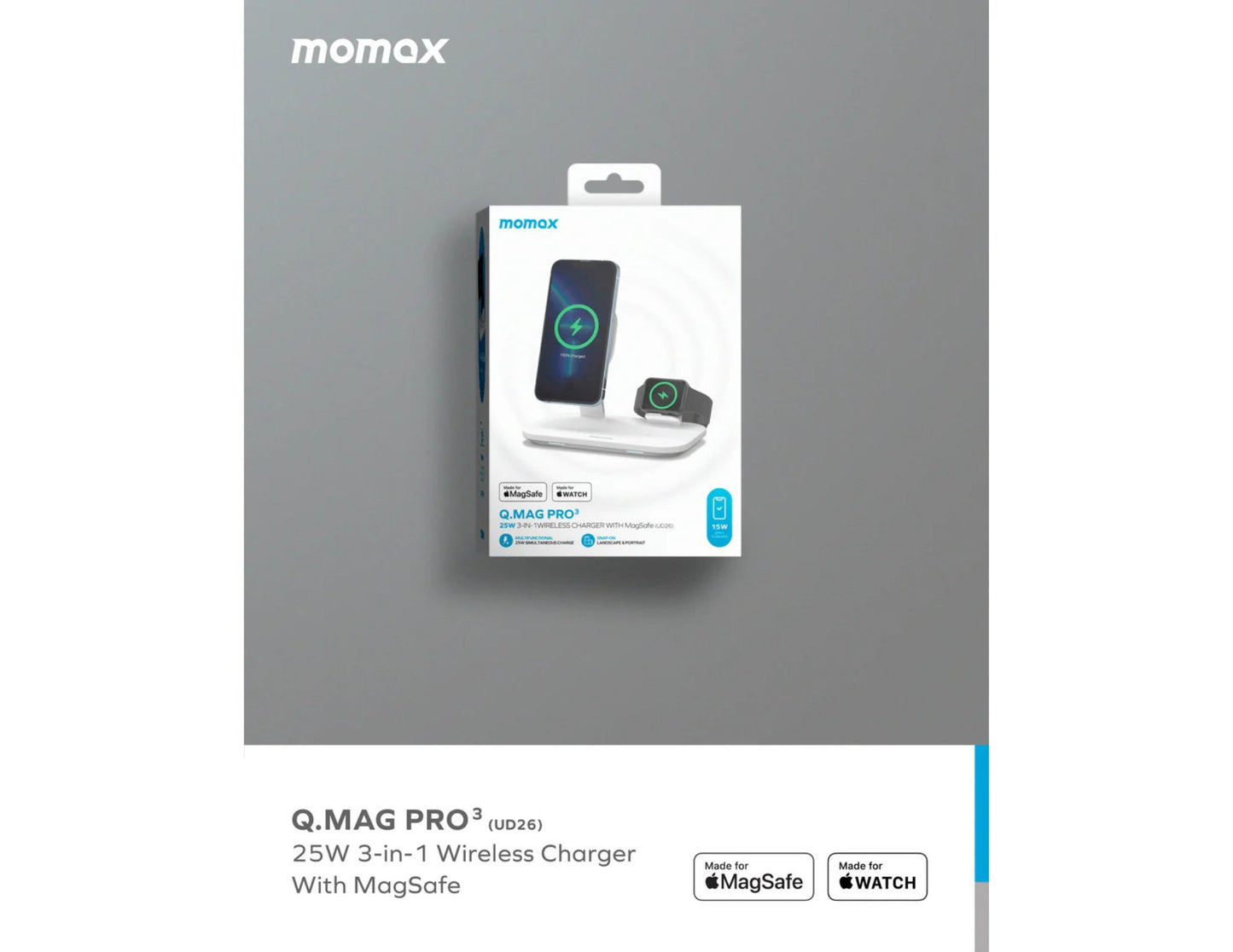 Momax Q.MAG PRO 3-in-1 wireless charger packaging on a gray background