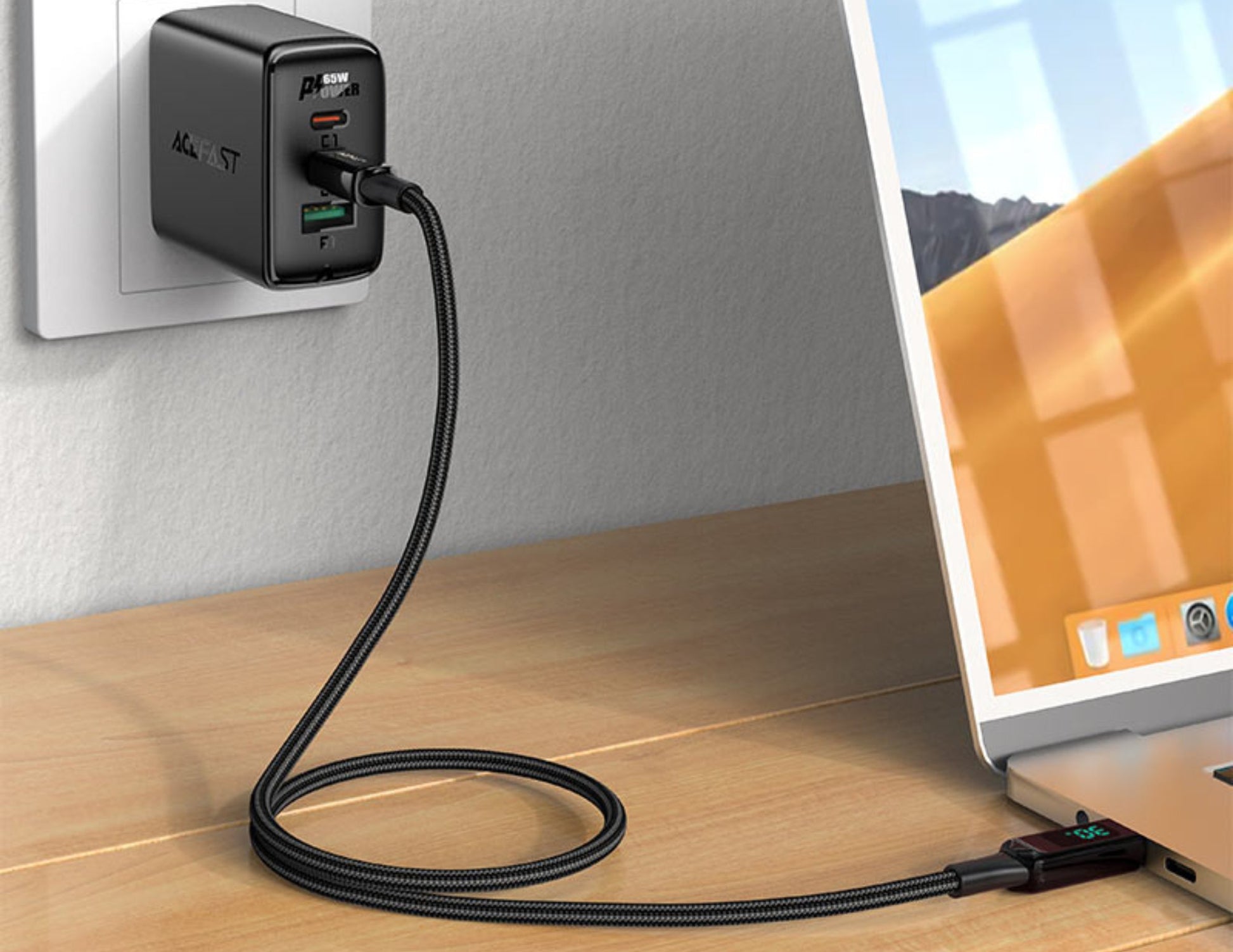 Wall charger with multiple ports connected to a laptop on a wooden surface.