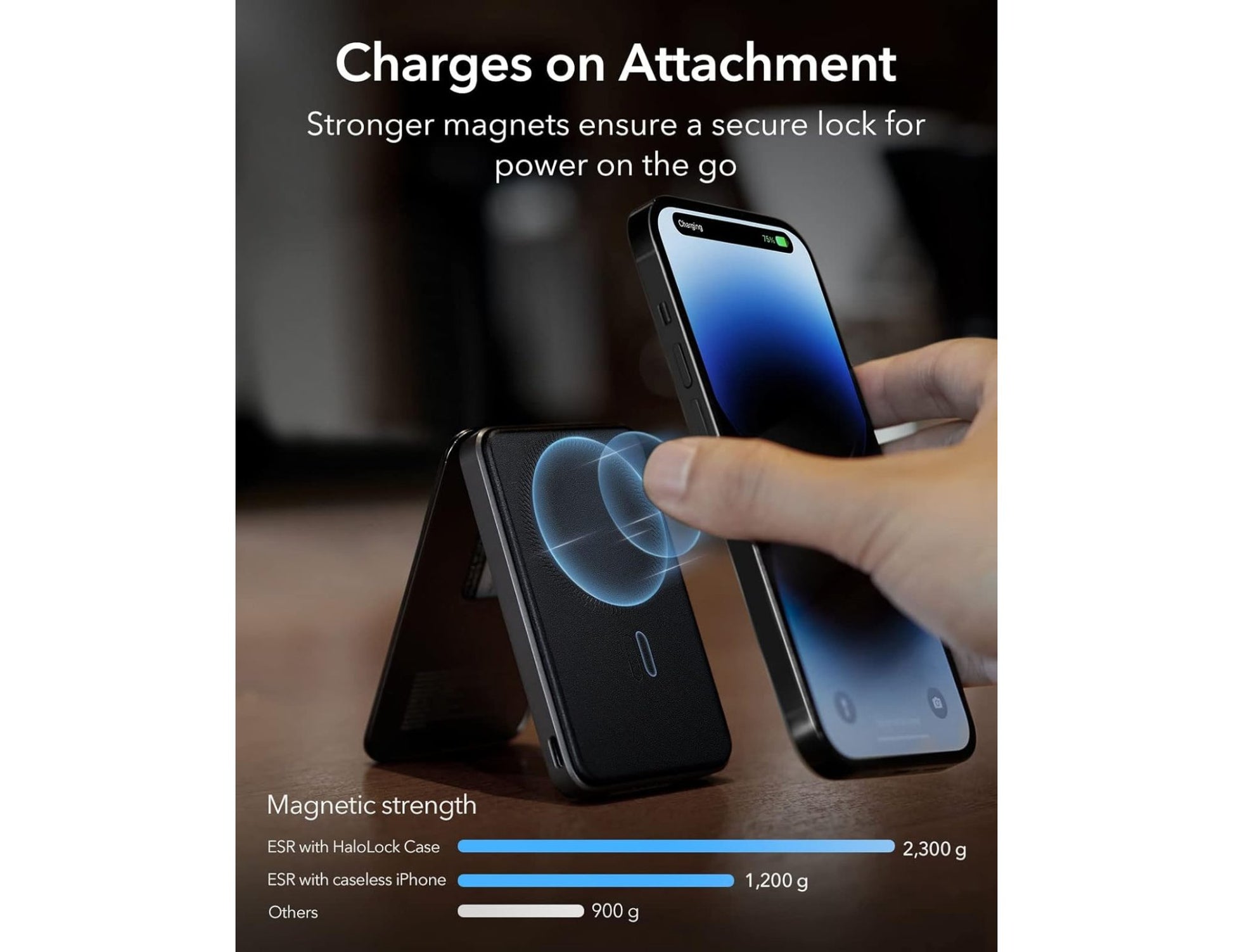 ESR HaloLock Power Bank Wallet 5000mAh with Stand – Black with magnetic attachment feature being demonstrated