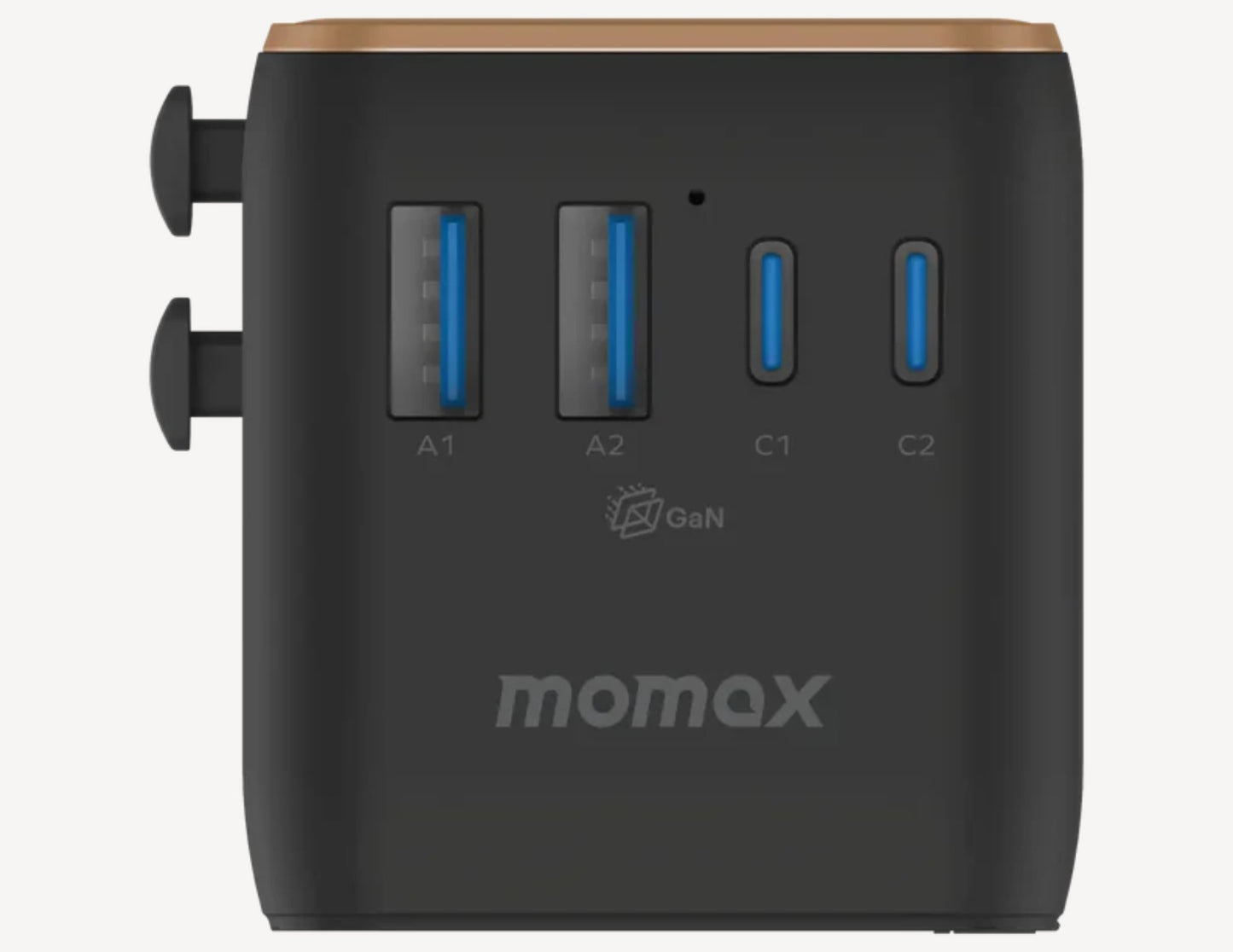 Momax 1‑World² 5‑Port Mini Universal Travel GaN Charger 70W with Dual AC – UA22L2 with multiple ports and 'momax' branding on a white background