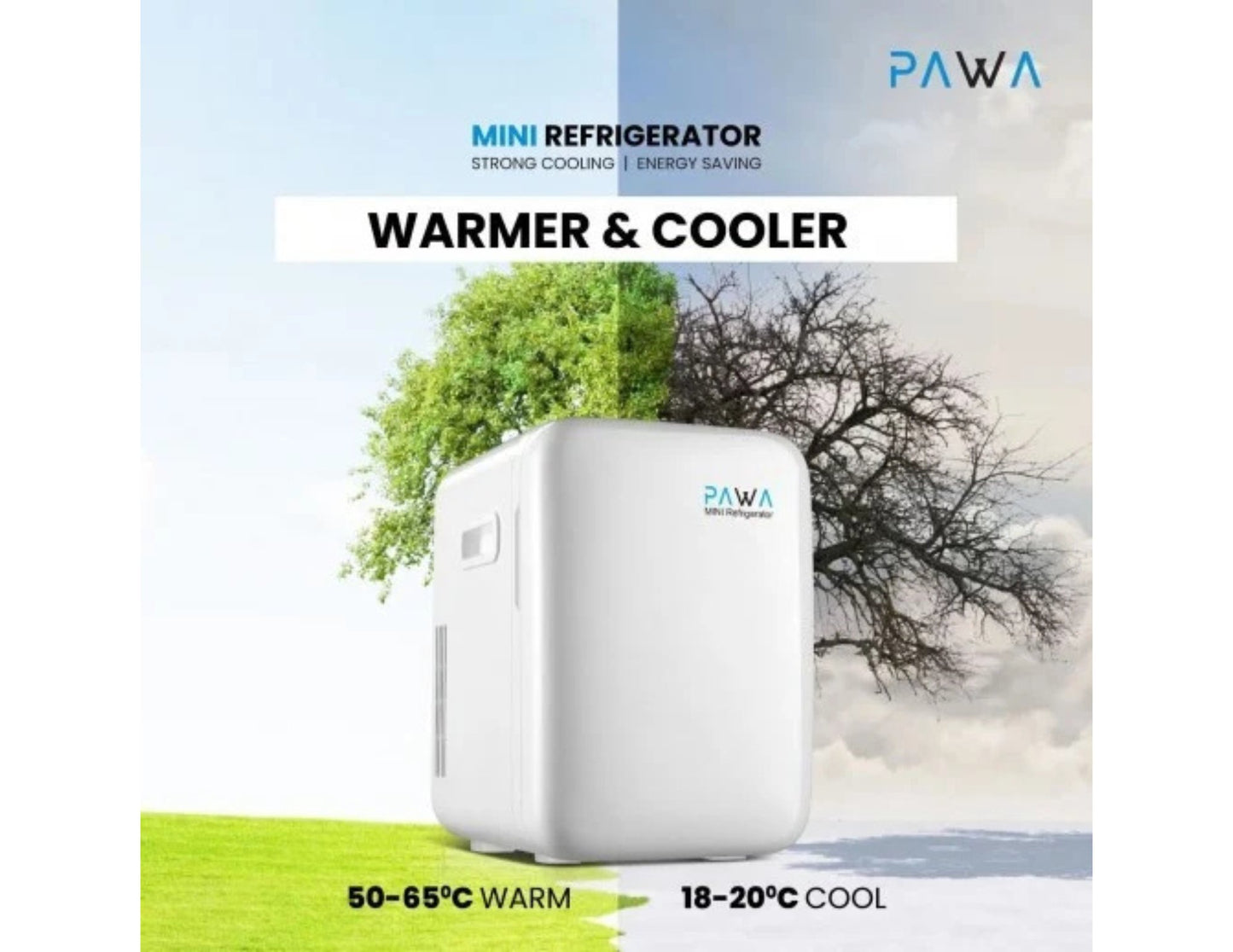 PAWA Mini Refrigerator 10L PW10LMR-WH with tree and sky background