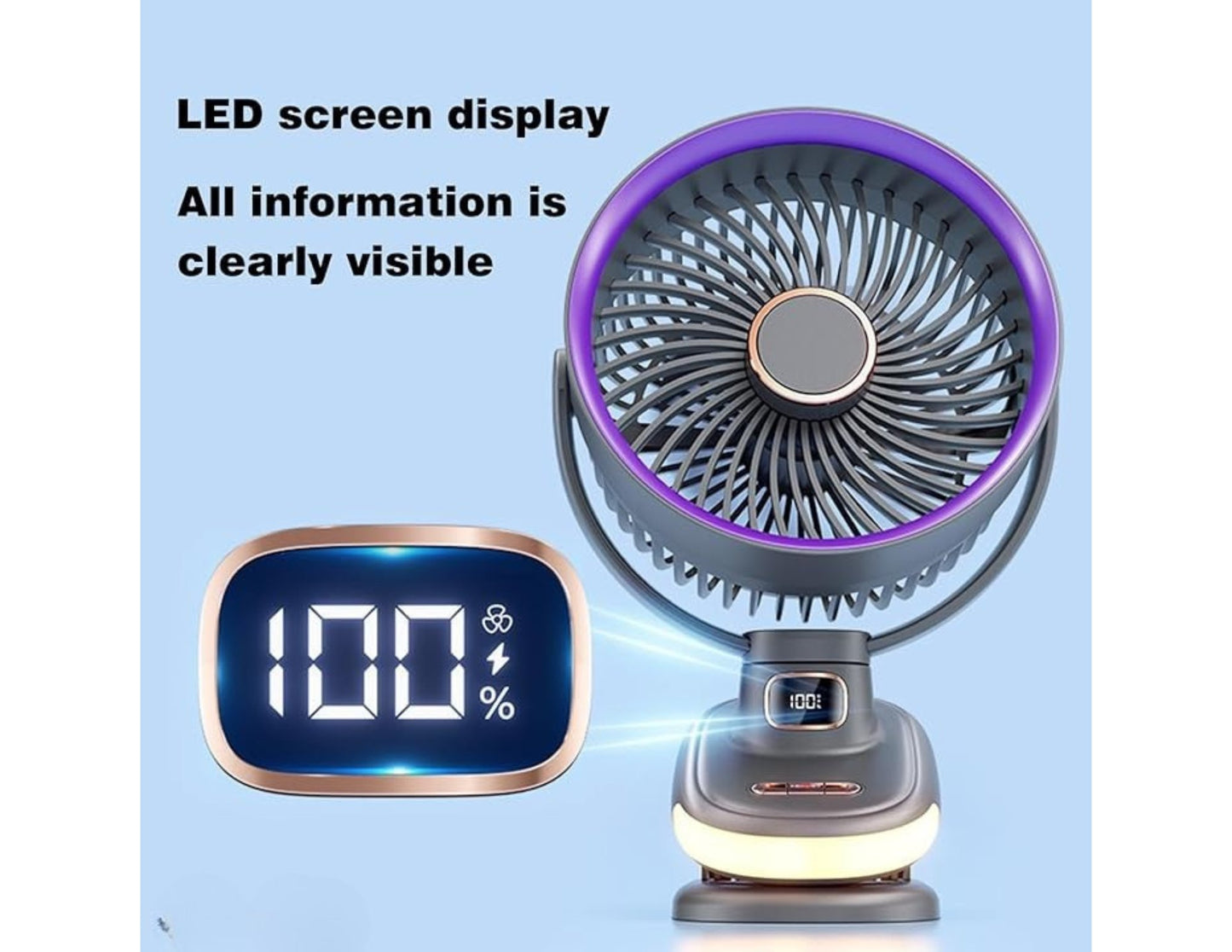 Portable fan with LED screen display on a light blue background