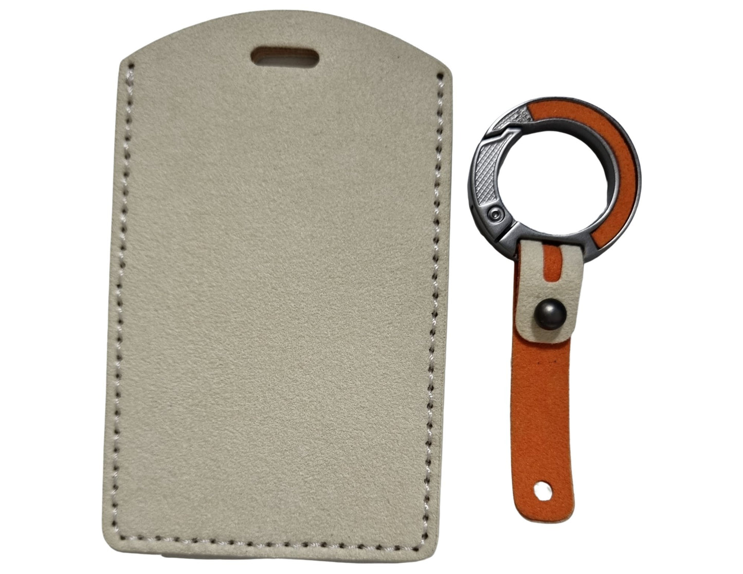 Beige BYD Smart Card Cover – Alcantara Material and orange leather keychain on a white background