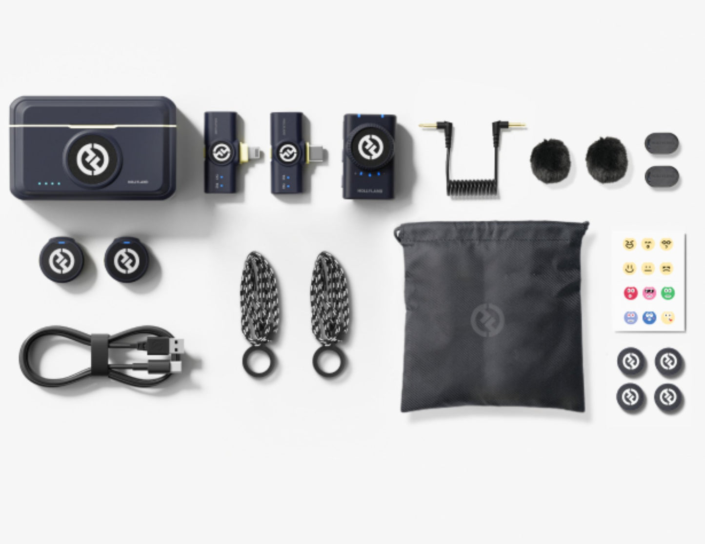 Collection of Hollyland Lark M2 Wireless Lavalier Microphone Combo and accessories on a white background