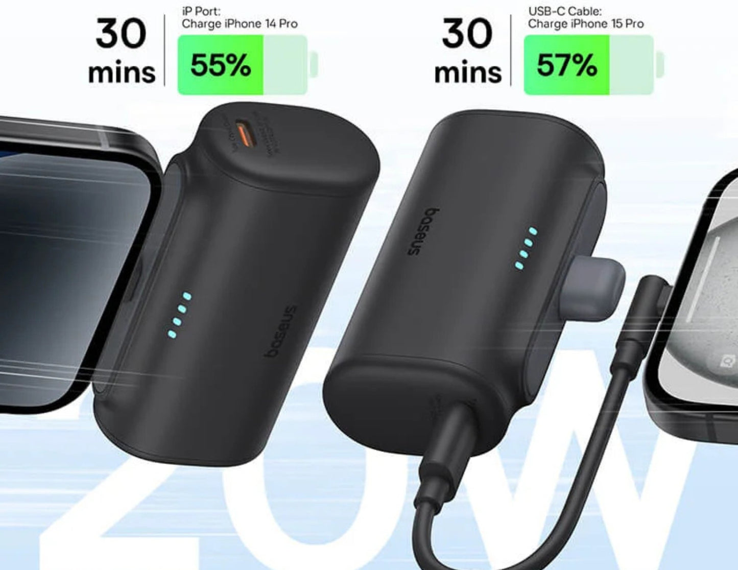 Black portable charger with charging cables and phone cases on a light blue background
