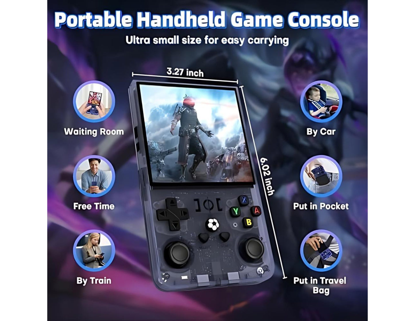 Portable handheld game console with features highlighted on a colorful background
